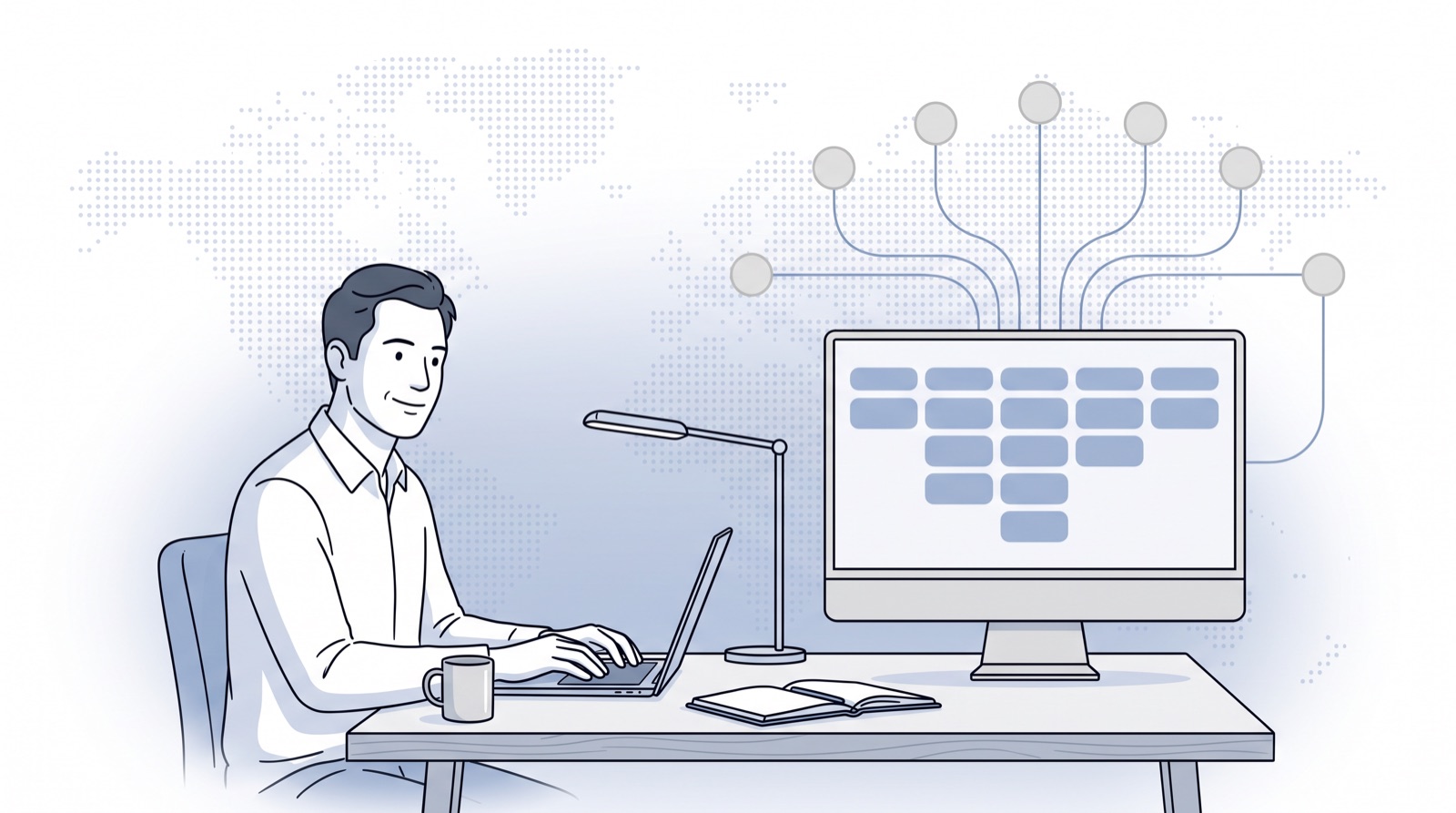 Fluid CRM editorial illustration of a founder at a desk with sales tools feeding one pipeline, Claude connectors for sales