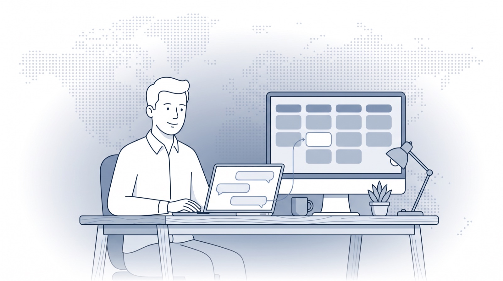 Fluid CRM editorial illustration of a founder using a Claude CRM chat on a laptop to update a sales pipeline