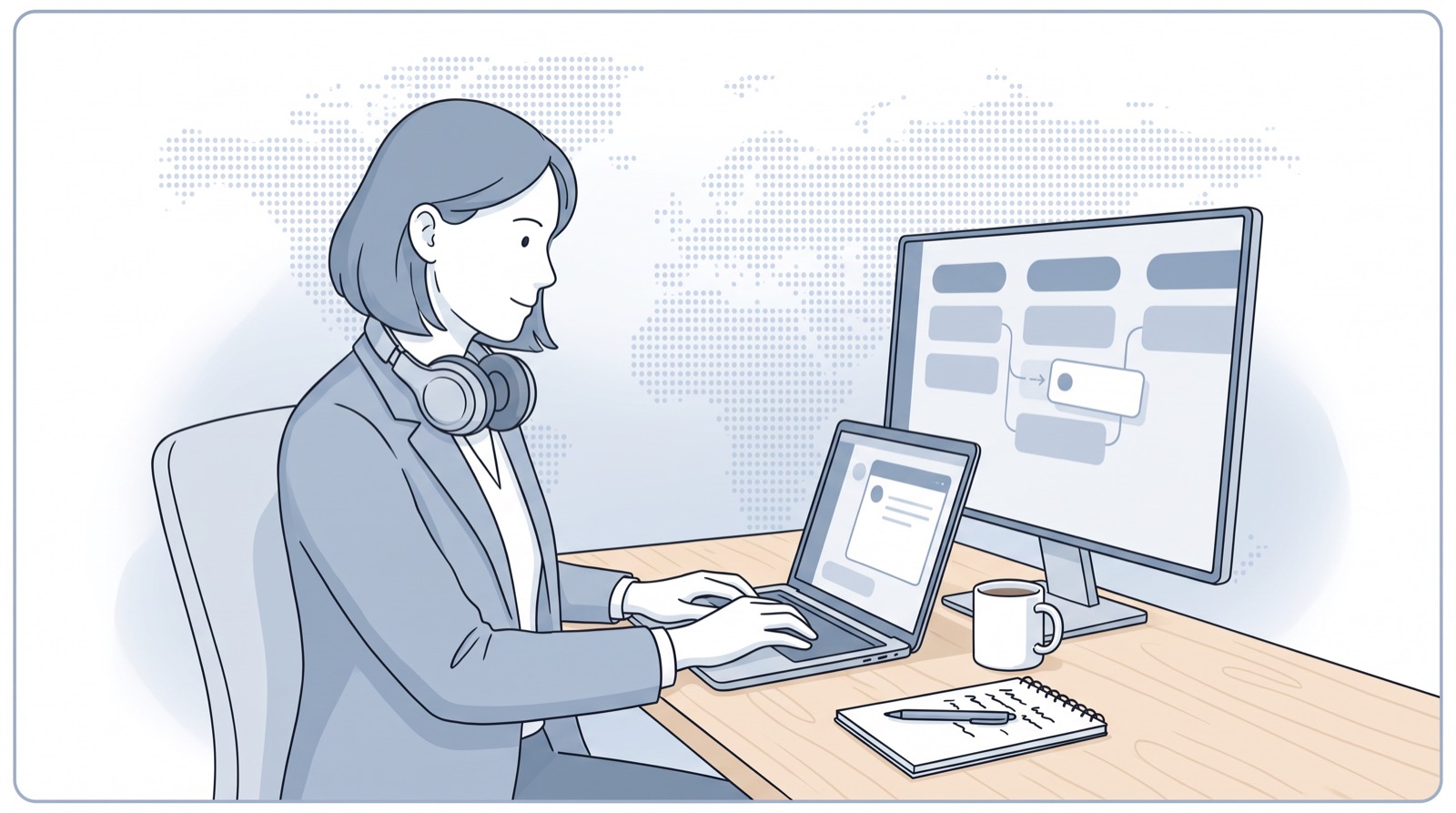 Fluid CRM editorial illustration of a salesperson typing call notes into Claude as her pipeline updates, Claude for sales