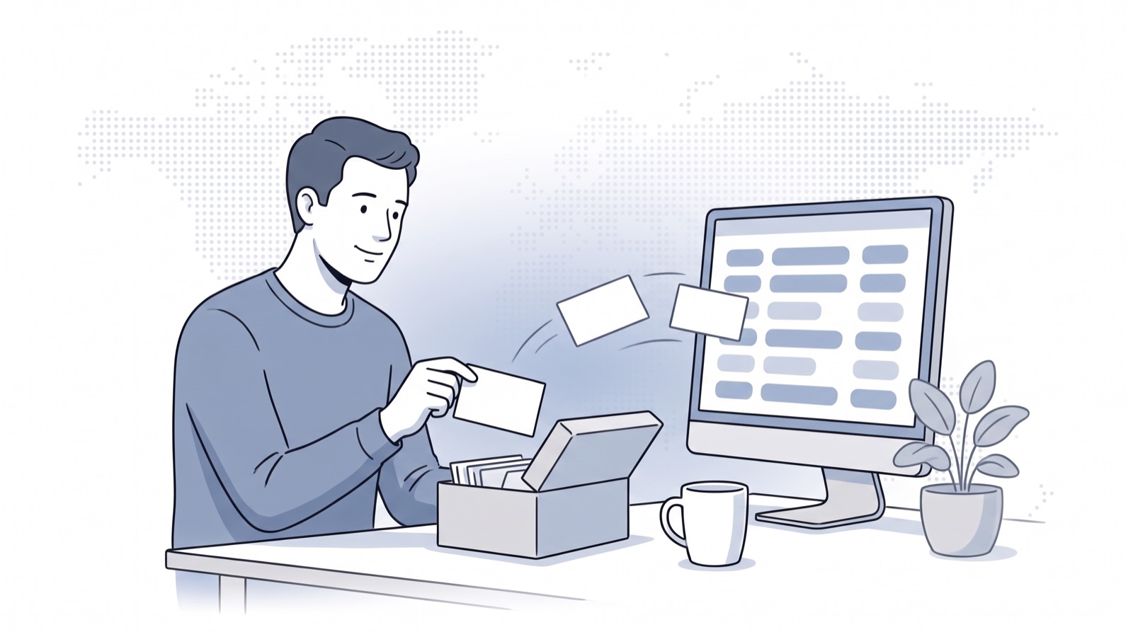 Fluid CRM editorial illustration of a bookkeeper moving client cards from a card box into a client list template on screen