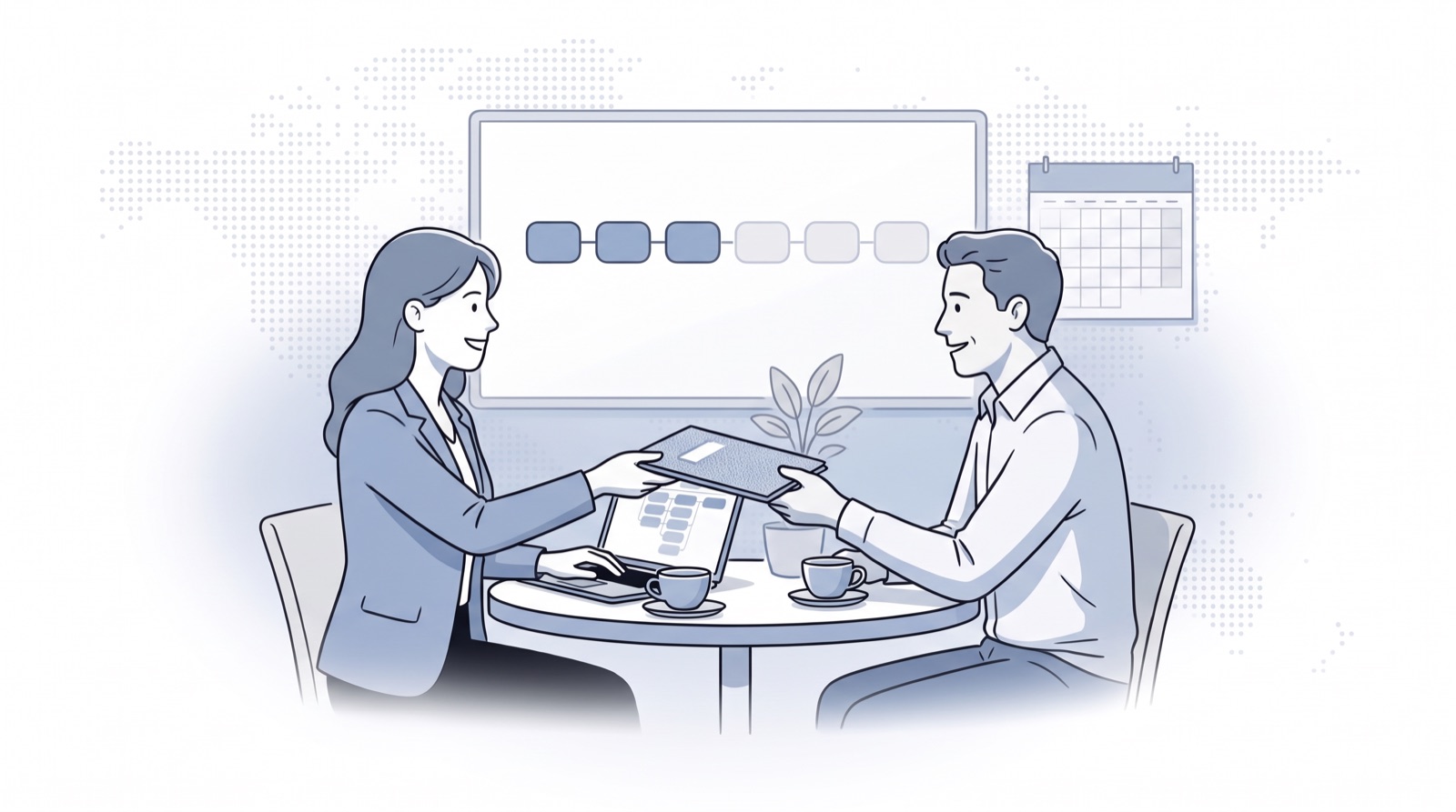 Fluid CRM editorial illustration of an agency owner handing a welcome folder to a new client for a client onboarding checklist