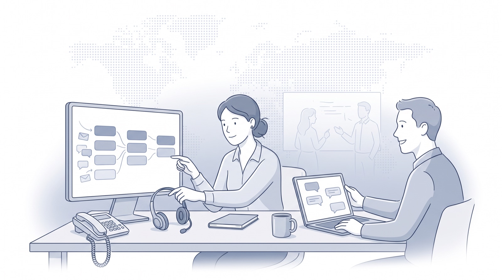 Fluid CRM editorial illustration of a sales lead setting a headset aside for an email pipeline, close crm alternatives