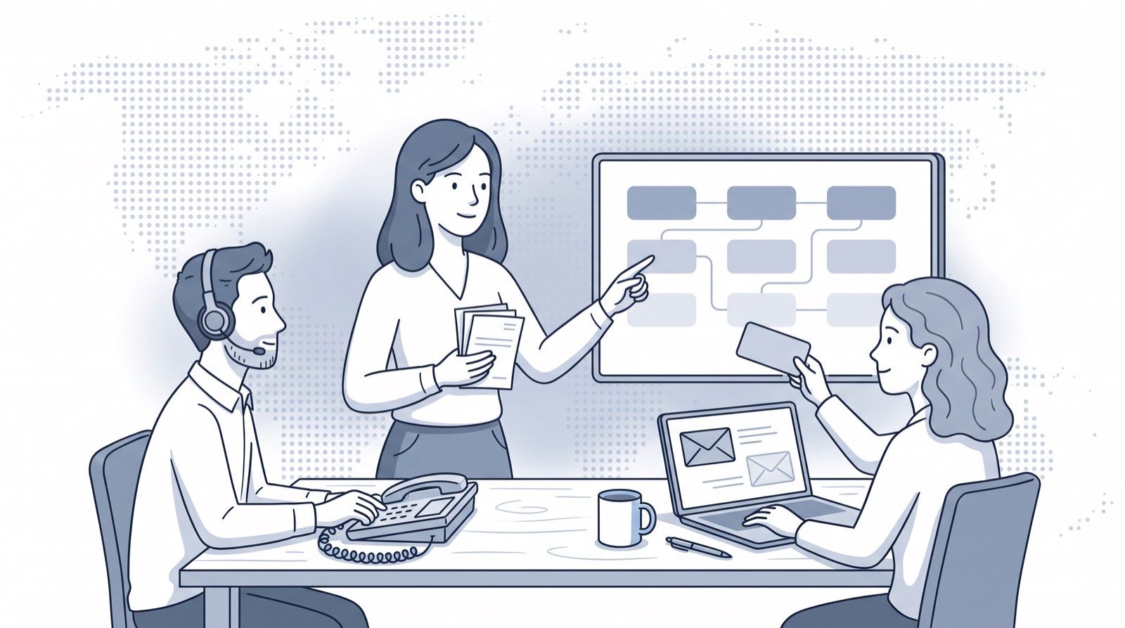 Fluid CRM editorial illustration of an outbound sales team weighing phone and email costs on a pipeline, close crm pricing