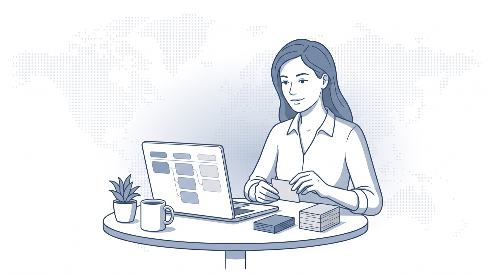 Fluid CRM editorial illustration of a woman counting won and lost deal cards to work out her close rate