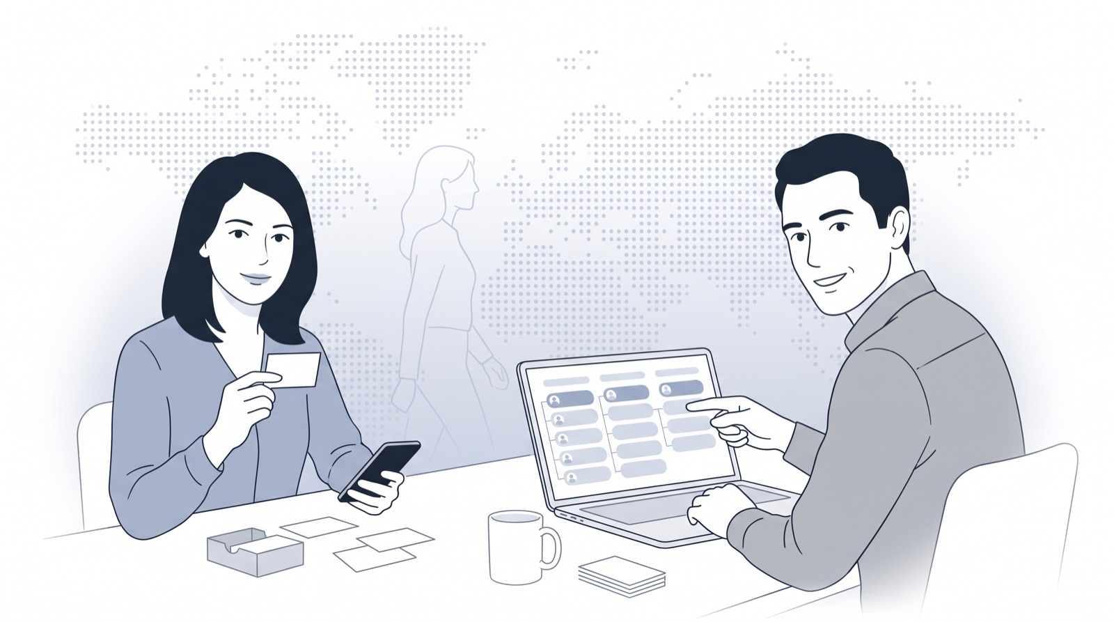 Fluid CRM editorial illustration of two colleagues moving business cards into a pipeline, contact management software