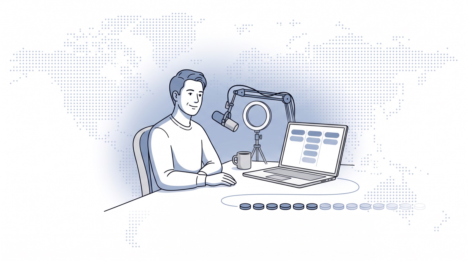 Fluid CRM editorial illustration of a creator at a studio desk with twelve coins for CRM affiliate programs