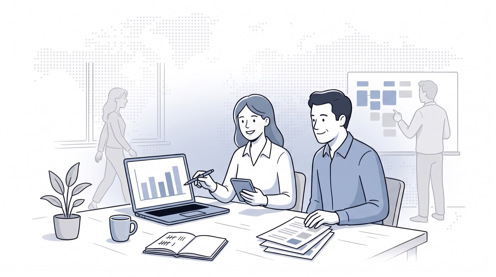 Fluid CRM editorial illustration of two owners comparing year-one crm cost on a laptop chart and price sheets