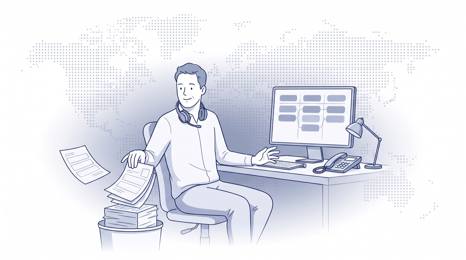 Fluid CRM editorial illustration of a salesperson binning blank forms after a call, about CRM data entry
