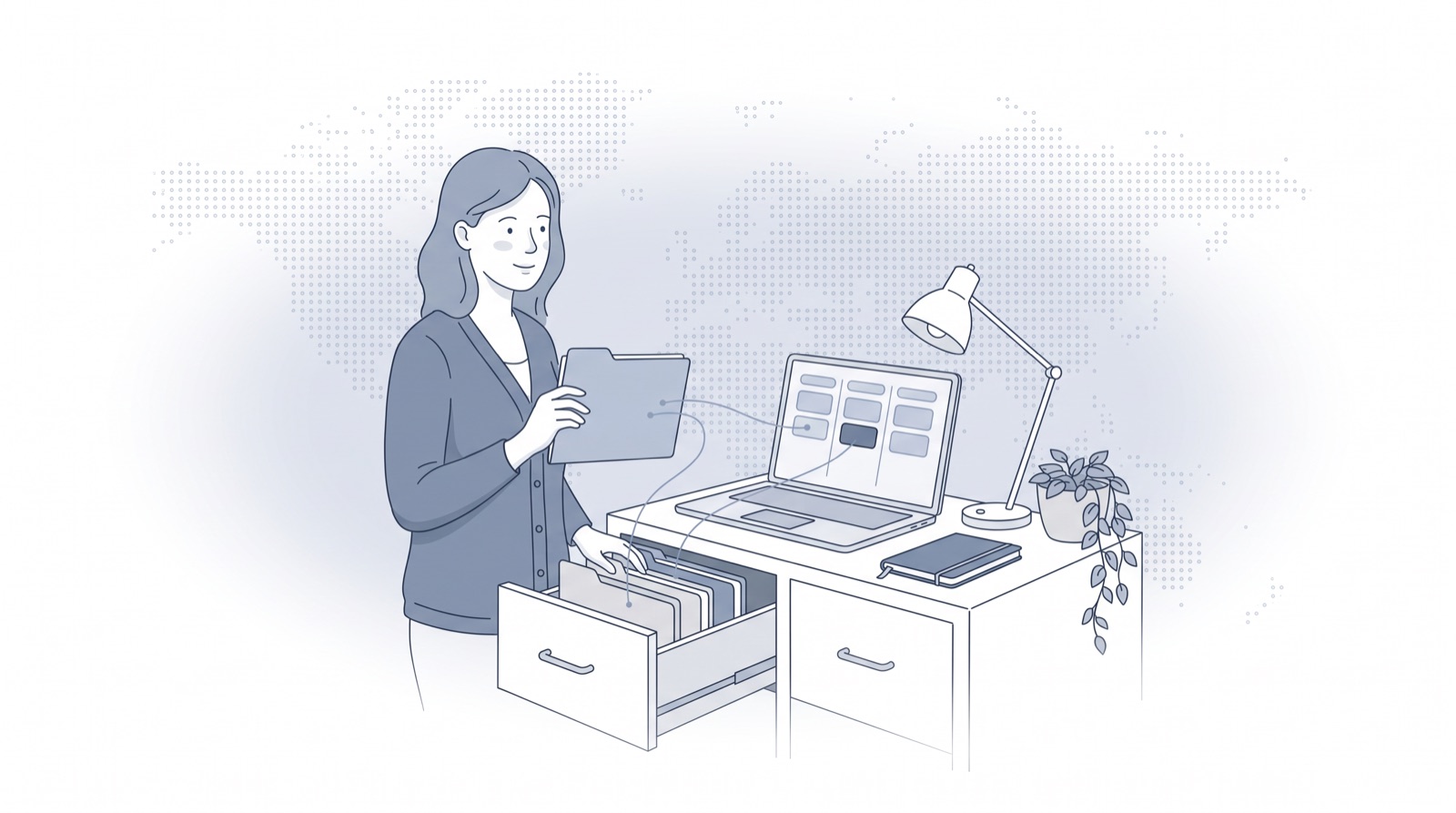 Fluid CRM editorial illustration of a studio owner linking client folders to a pipeline, showing a CRM database