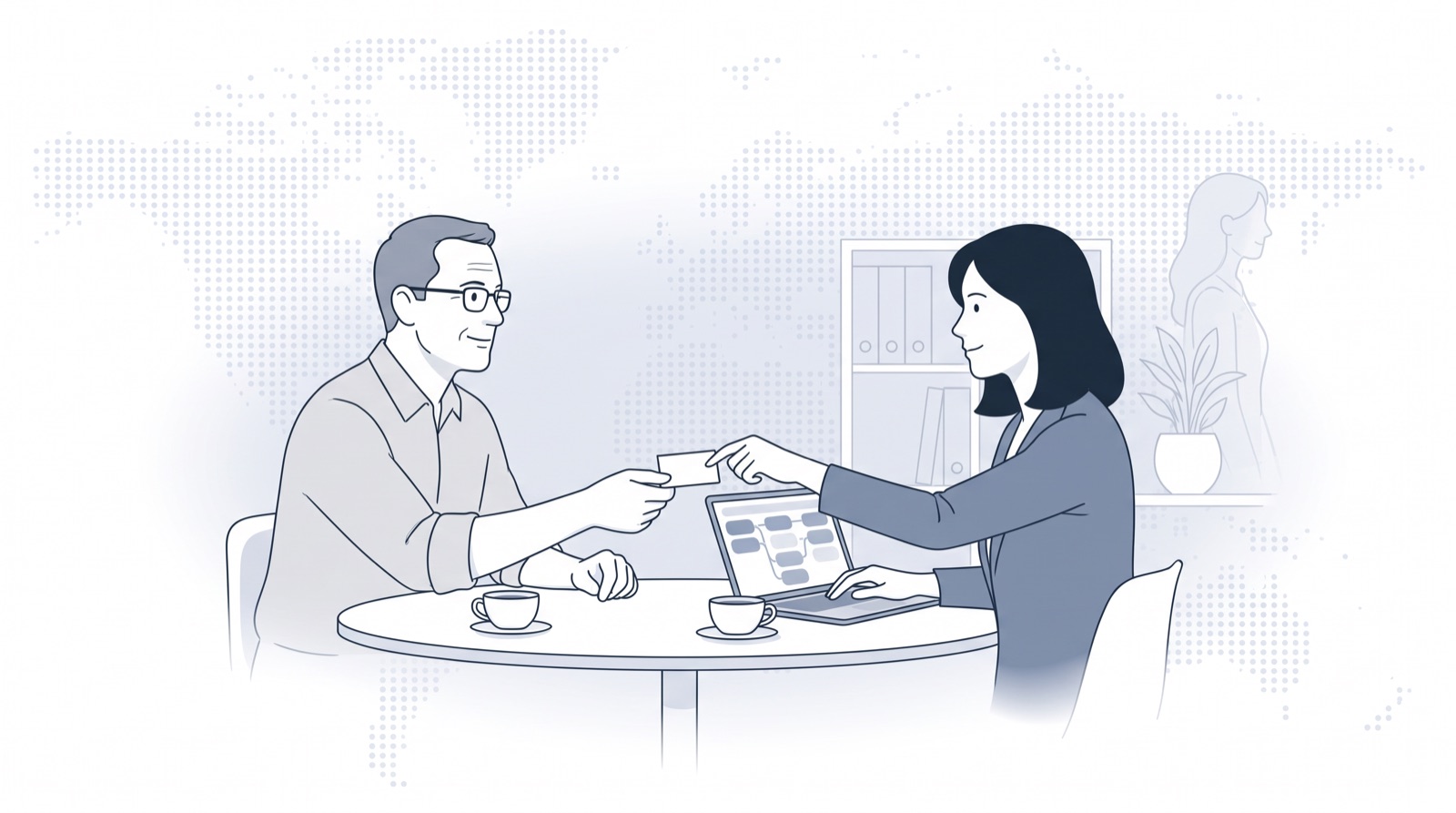 Fluid CRM editorial illustration of a CPA handing a referral to a financial advisor, CRM for financial advisors