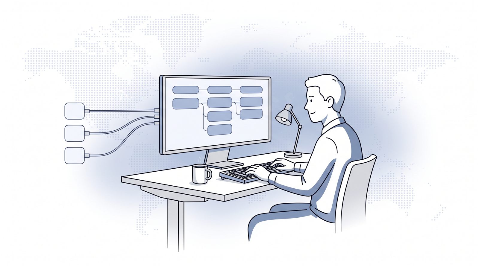 Fluid CRM editorial illustration of a GTM engineer wiring lead tools into a CRM for GTM engineers pipeline on a monitor