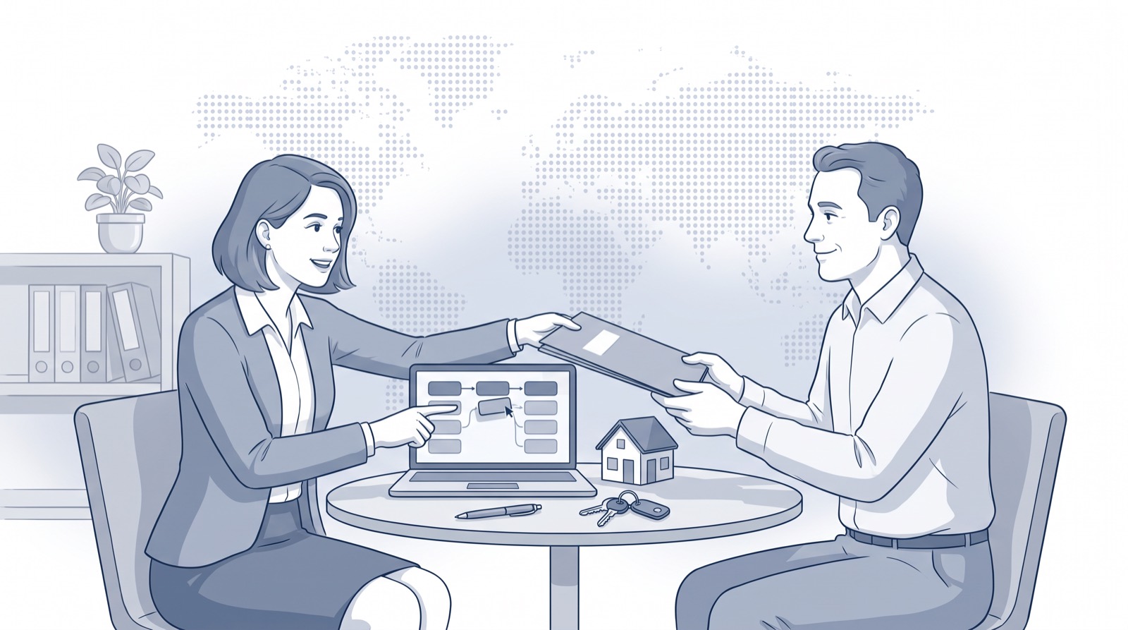 Fluid CRM editorial illustration of an insurance agent handing a client a quote beside a sales pipeline