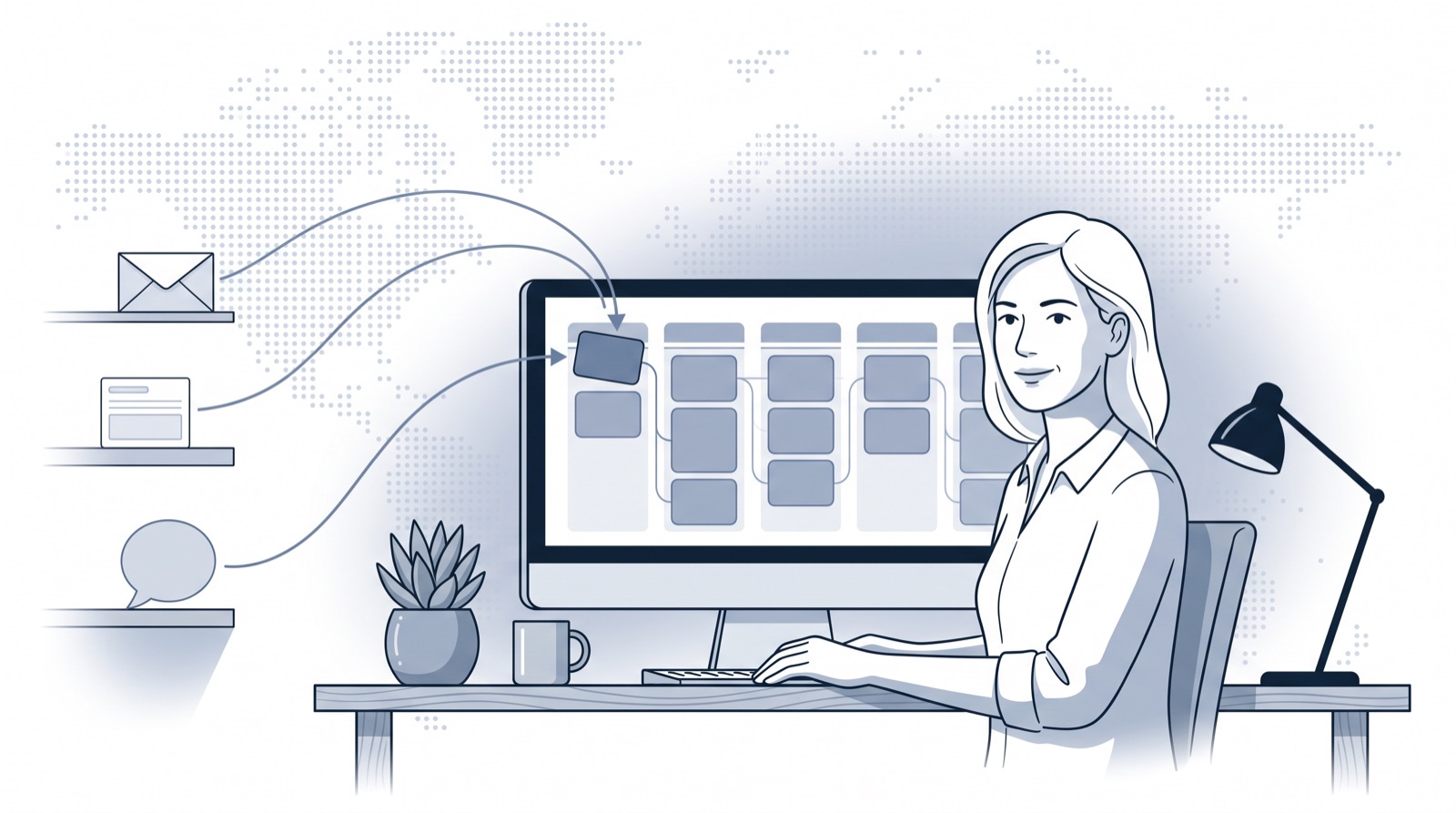 Fluid CRM editorial illustration of an agency owner watching leads land in her pipeline, a CRM for lead generation