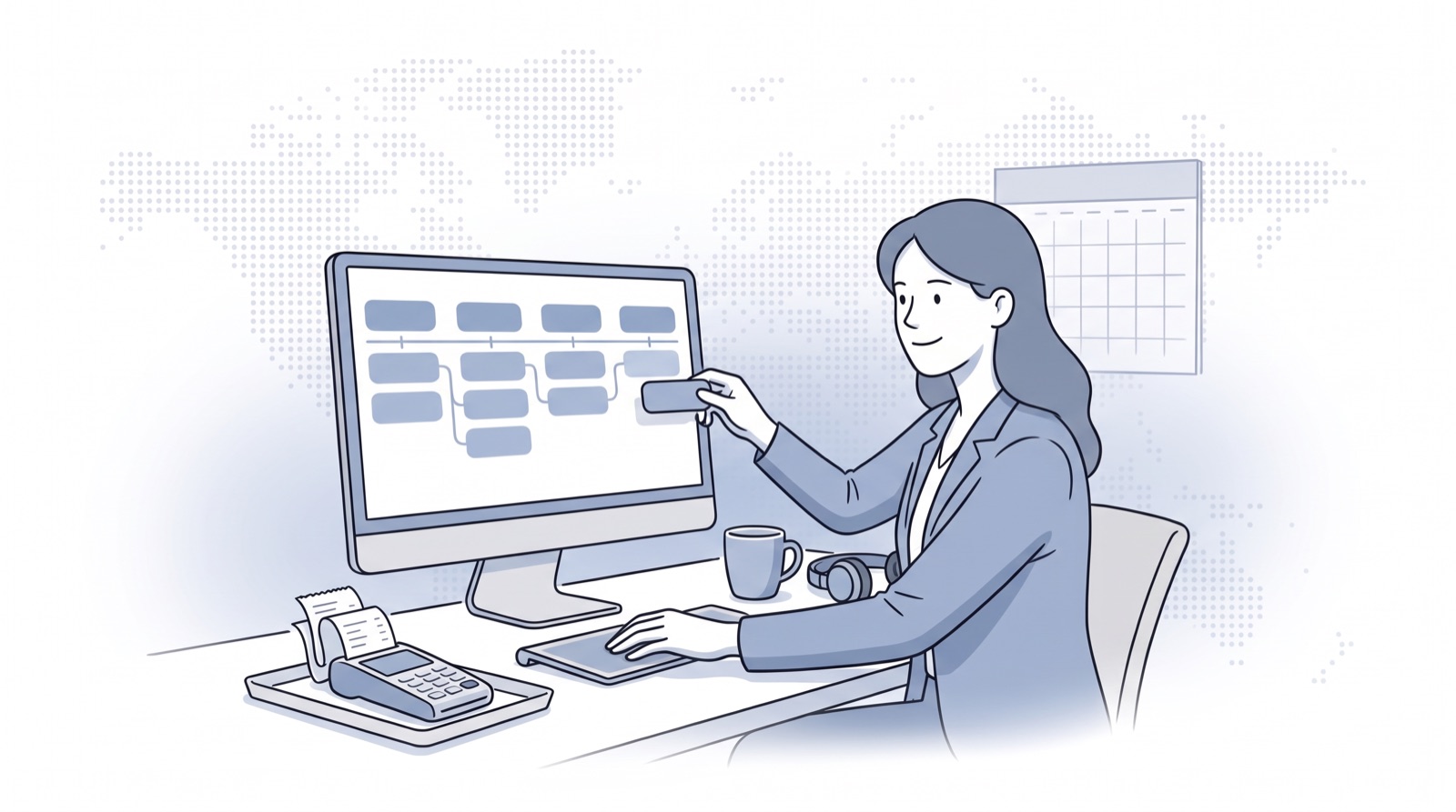 Fluid CRM editorial illustration of a software founder adding a deal to a pipeline, showing a CRM for SaaS