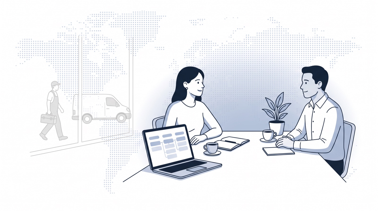 Fluid CRM editorial illustration of a consultant and client at a table with a pipeline, showing a CRM for service business