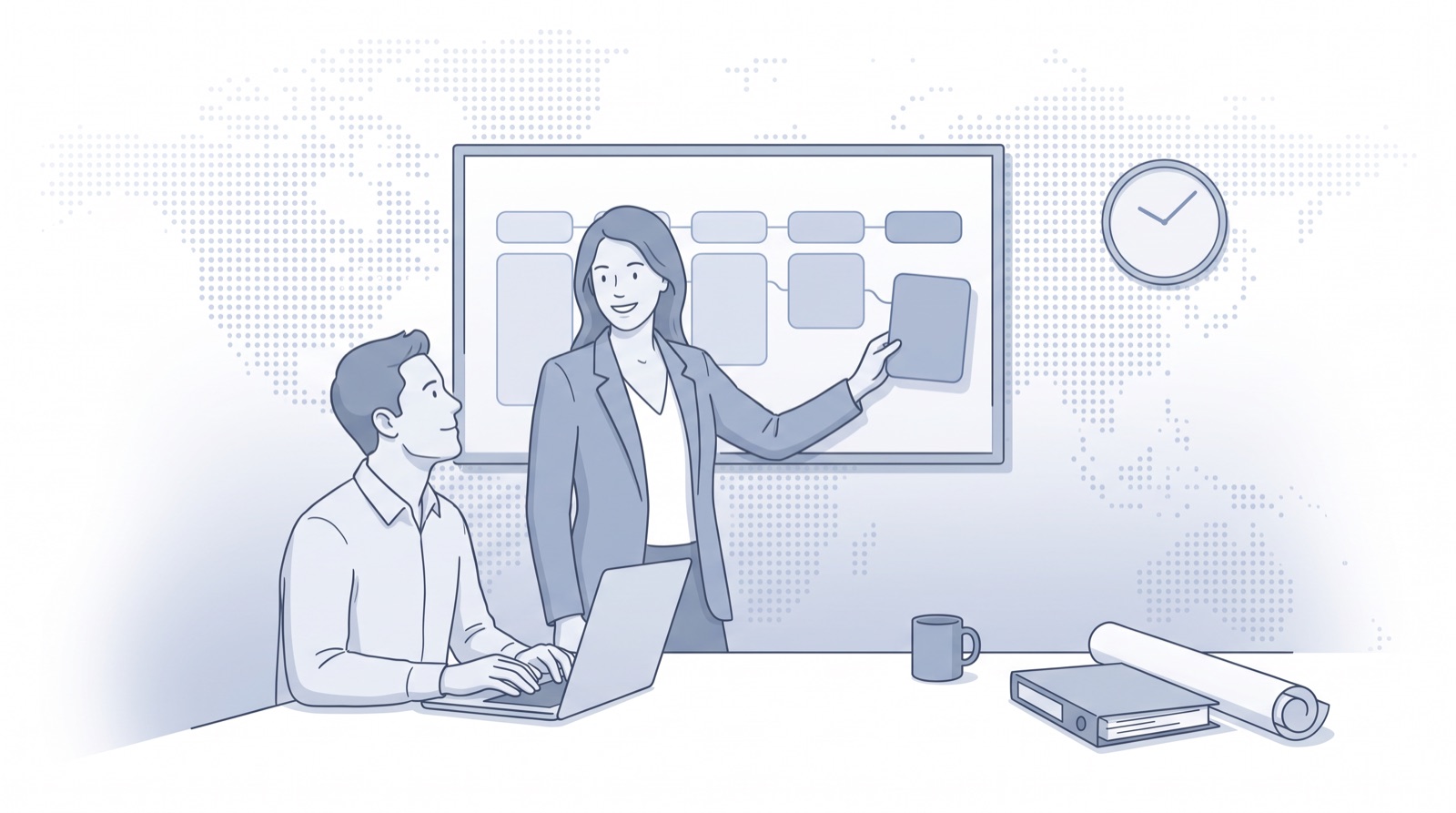 Fluid CRM editorial illustration of an agency owner placing the last deal card during a CRM implementation