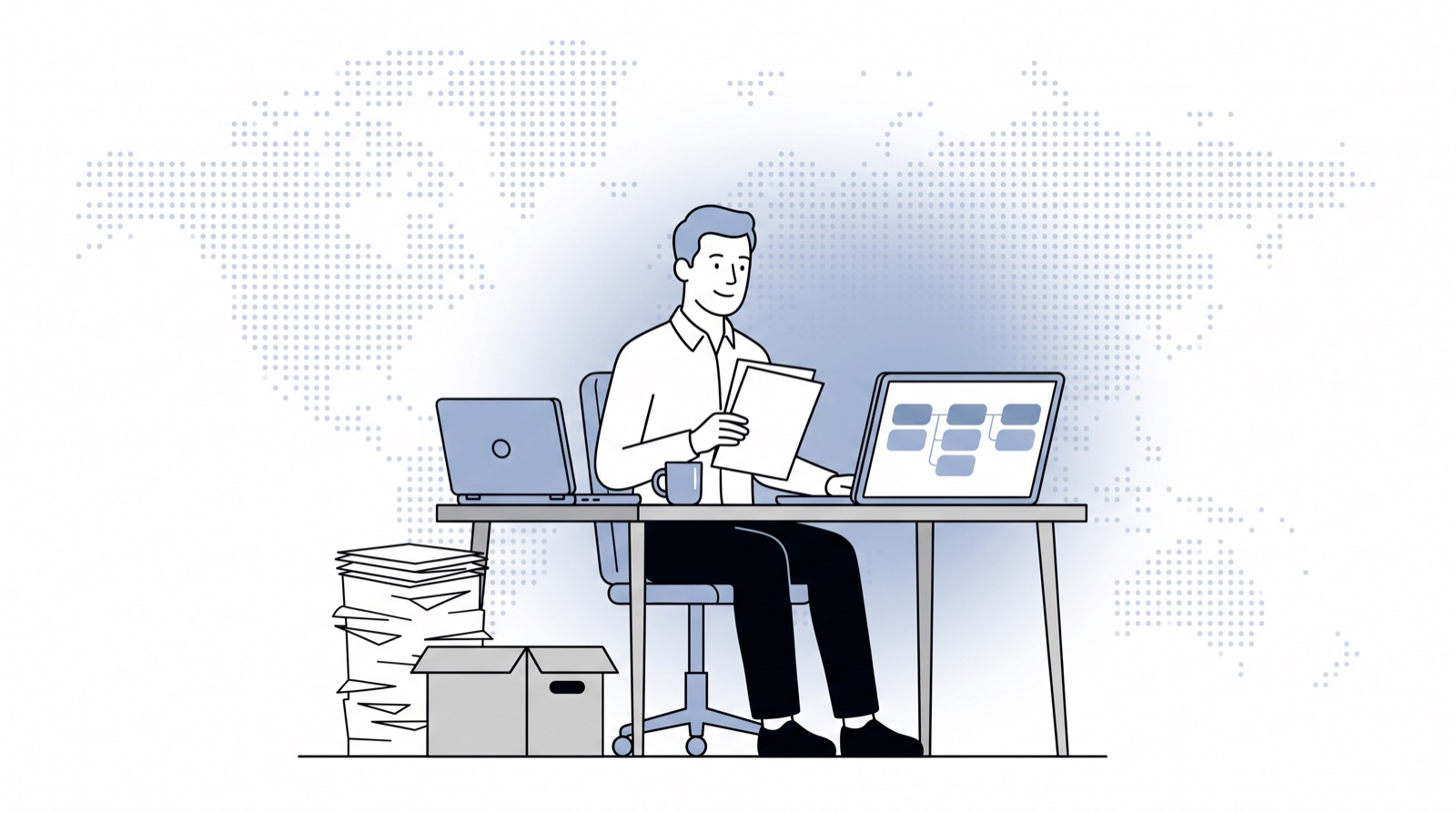 Fluid CRM editorial illustration of a founder moving a few records to a new pipeline and archiving the rest, CRM migration