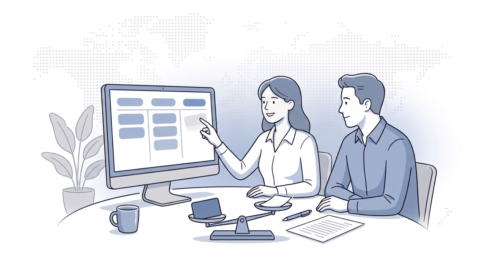 Fluid CRM editorial illustration of two owners weighing a recovered deal against software cost to work out CRM ROI