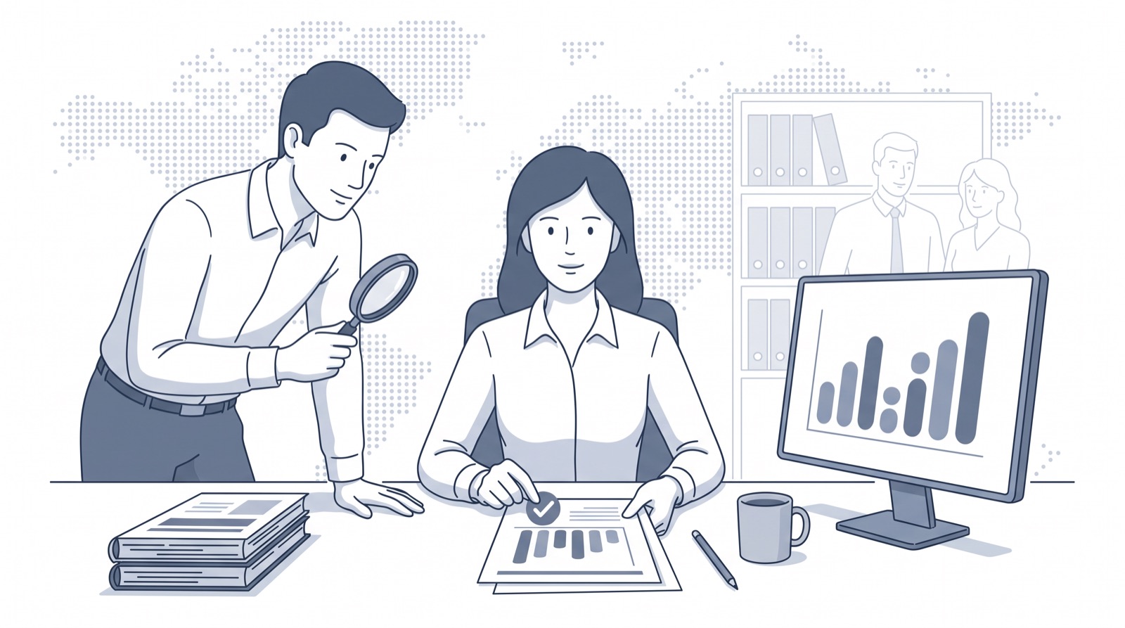 Fluid CRM editorial illustration of two researchers checking figures in printed reports for crm statistics