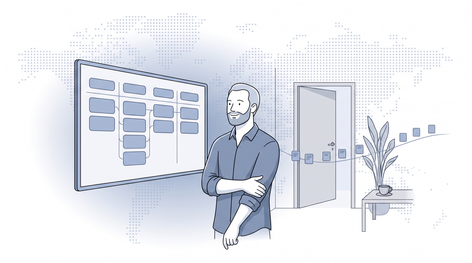 Fluid CRM editorial illustration of leads arriving through a back door onto a pipeline screen, showing a CRM with API