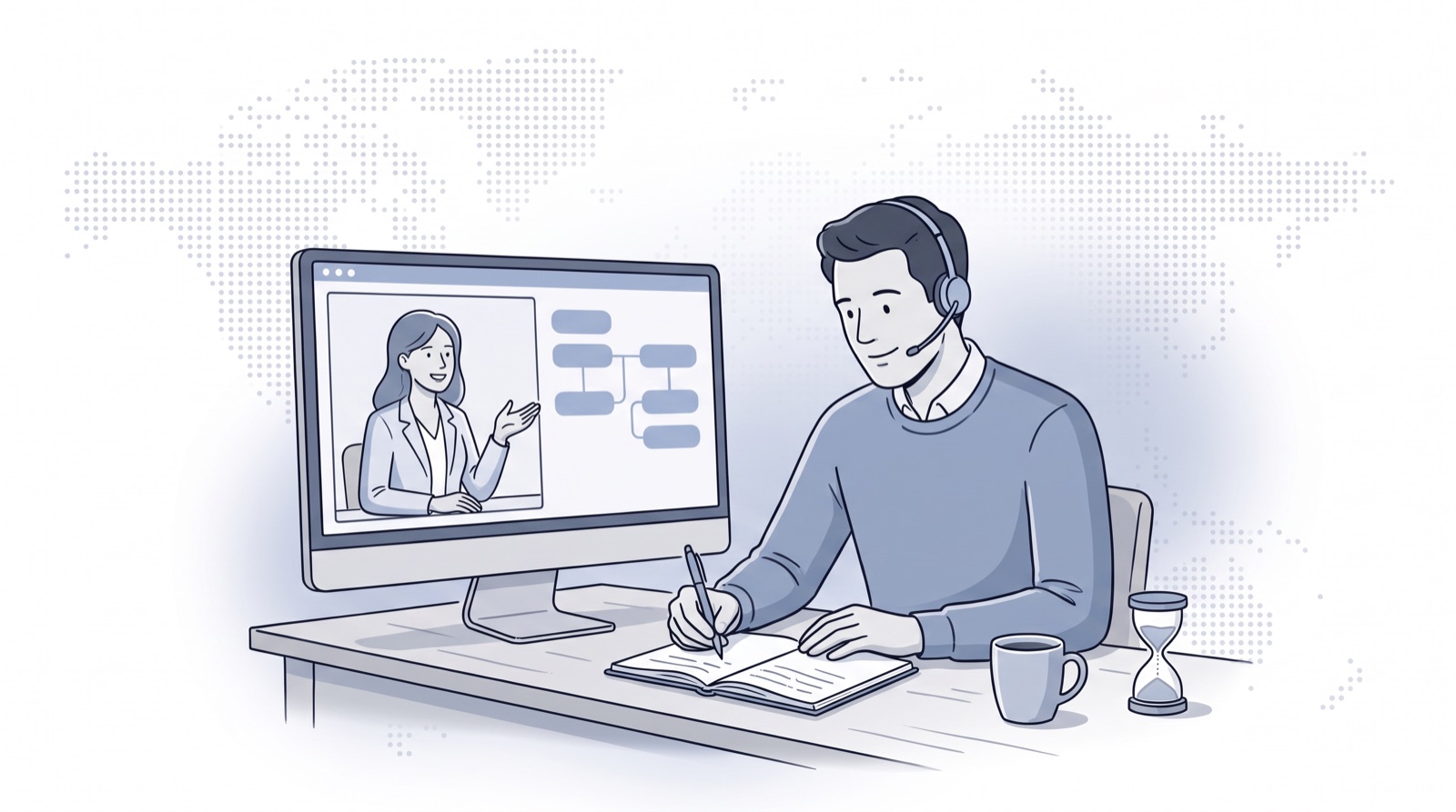 Fluid CRM editorial illustration of a consultant taking notes on a video discovery call with a prospect