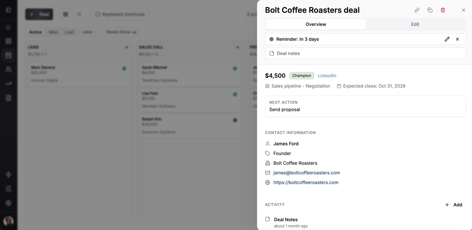 Fluid CRM deal panel with reminder, deal value, stage, expected close date, next action and contact details