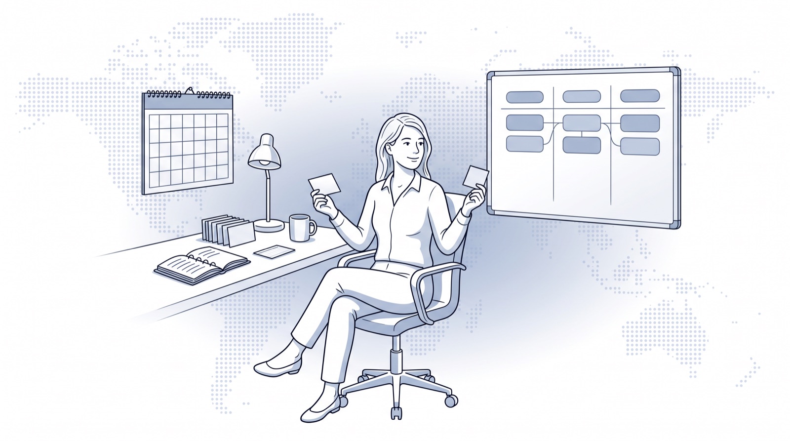 Fluid CRM editorial illustration of a consultant between a contact book and a deal board, Fluid CRM vs Less Annoying CRM