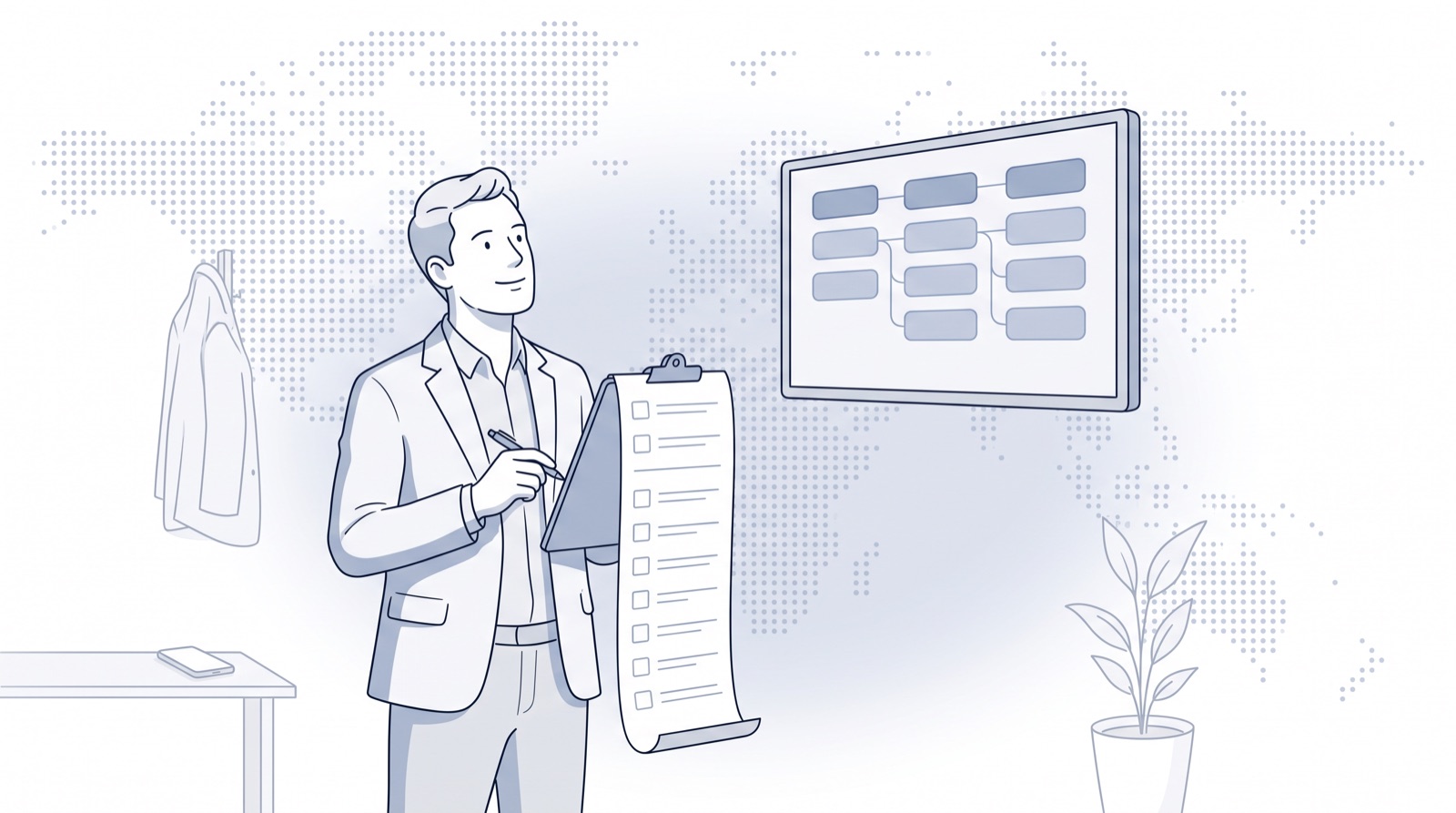 Fluid CRM editorial illustration of a salesperson with a to-do list beside a deal board, Fluid CRM vs OnePageCRM