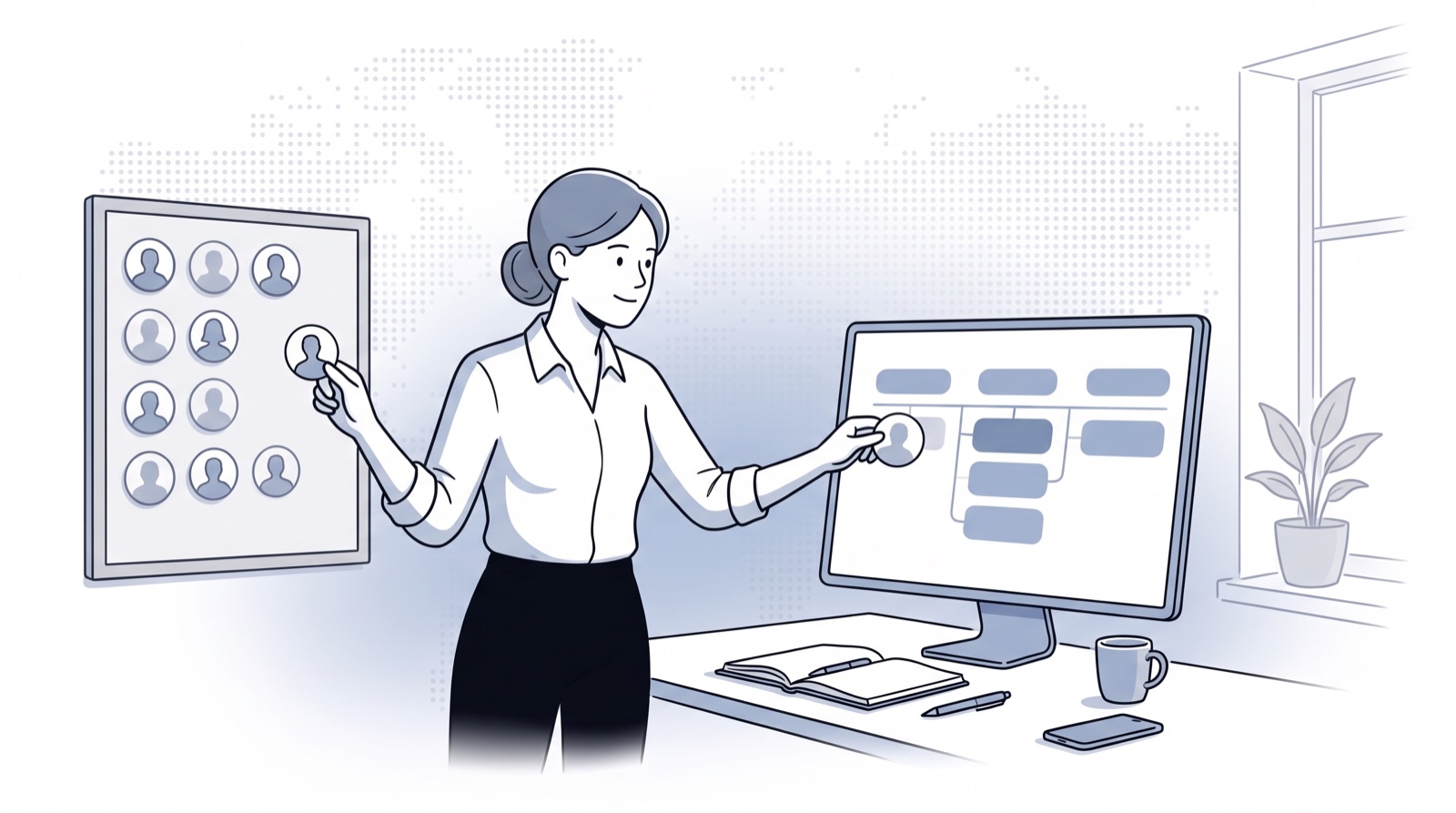 Fluid CRM editorial illustration of a founder moving a contact card into a deal pipeline, folk CRM alternatives
