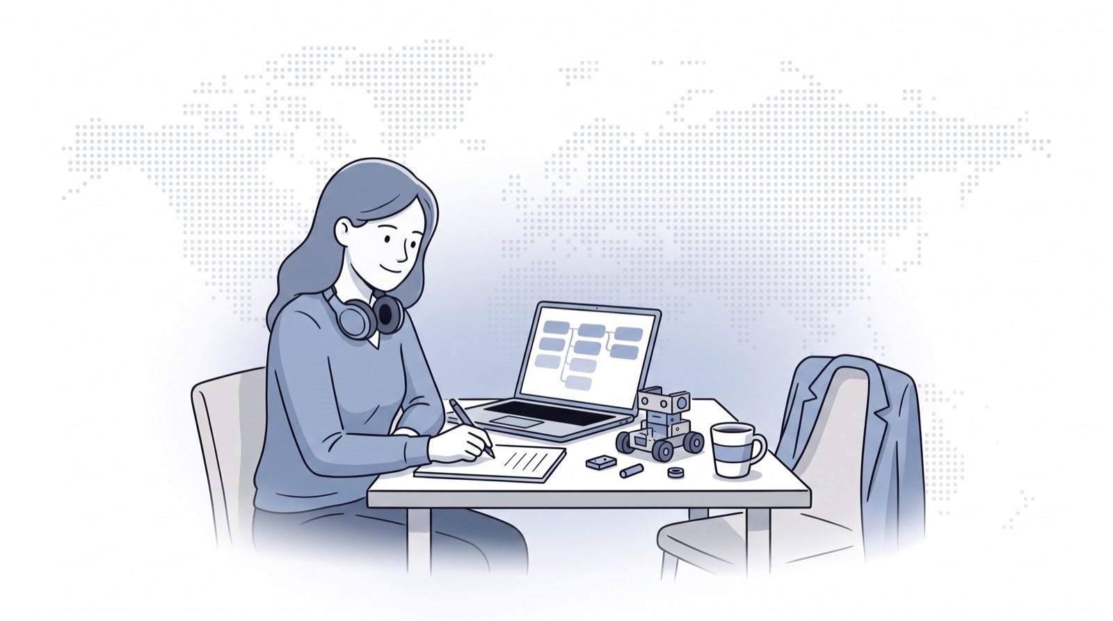 Fluid CRM editorial illustration of a startup founder writing notes after a call, showing founder-led sales