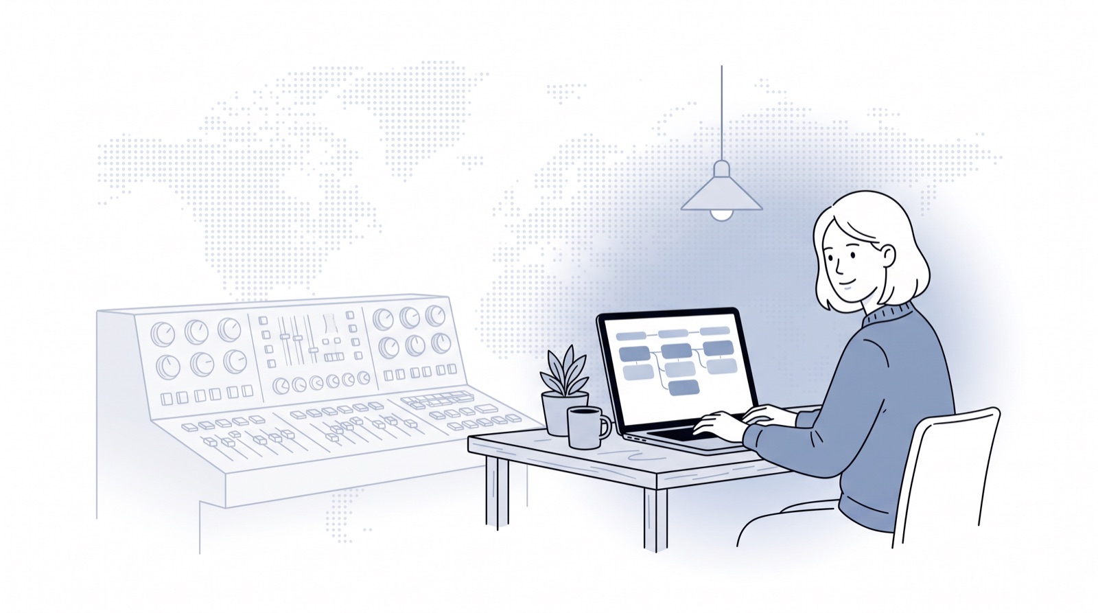 Fluid CRM editorial illustration of an agency owner weighing GoHighLevel alternatives next to an unused control console