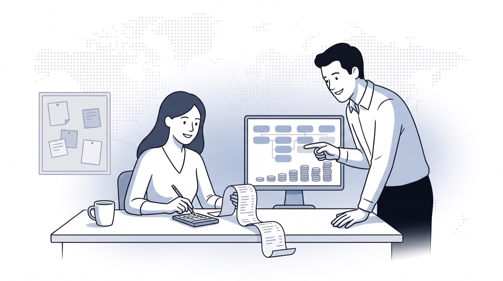 Fluid CRM editorial illustration of an agency owner tallying GoHighLevel pricing for client accounts