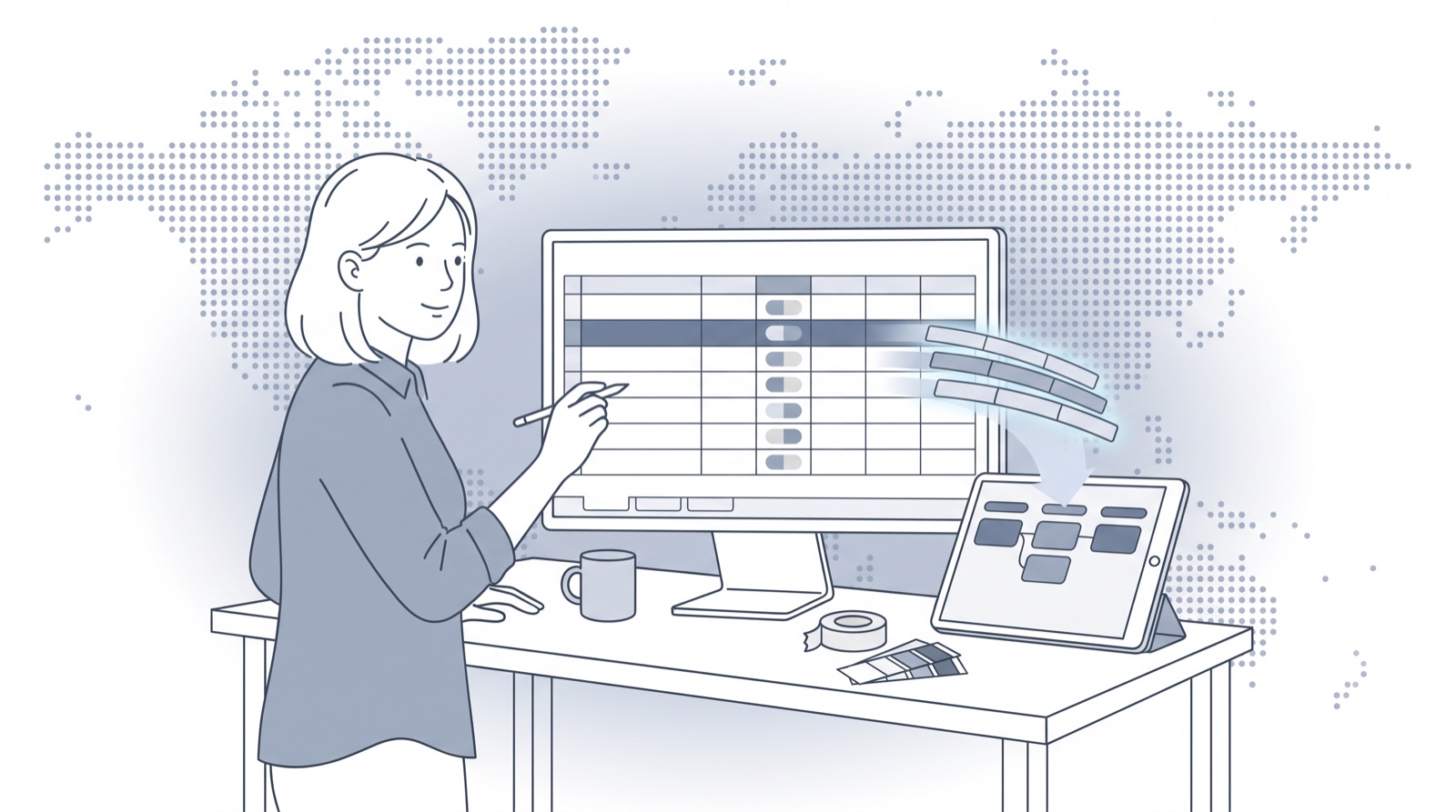 Fluid CRM editorial illustration of a freelancer building a Google Sheets CRM, with rows turning into pipeline cards