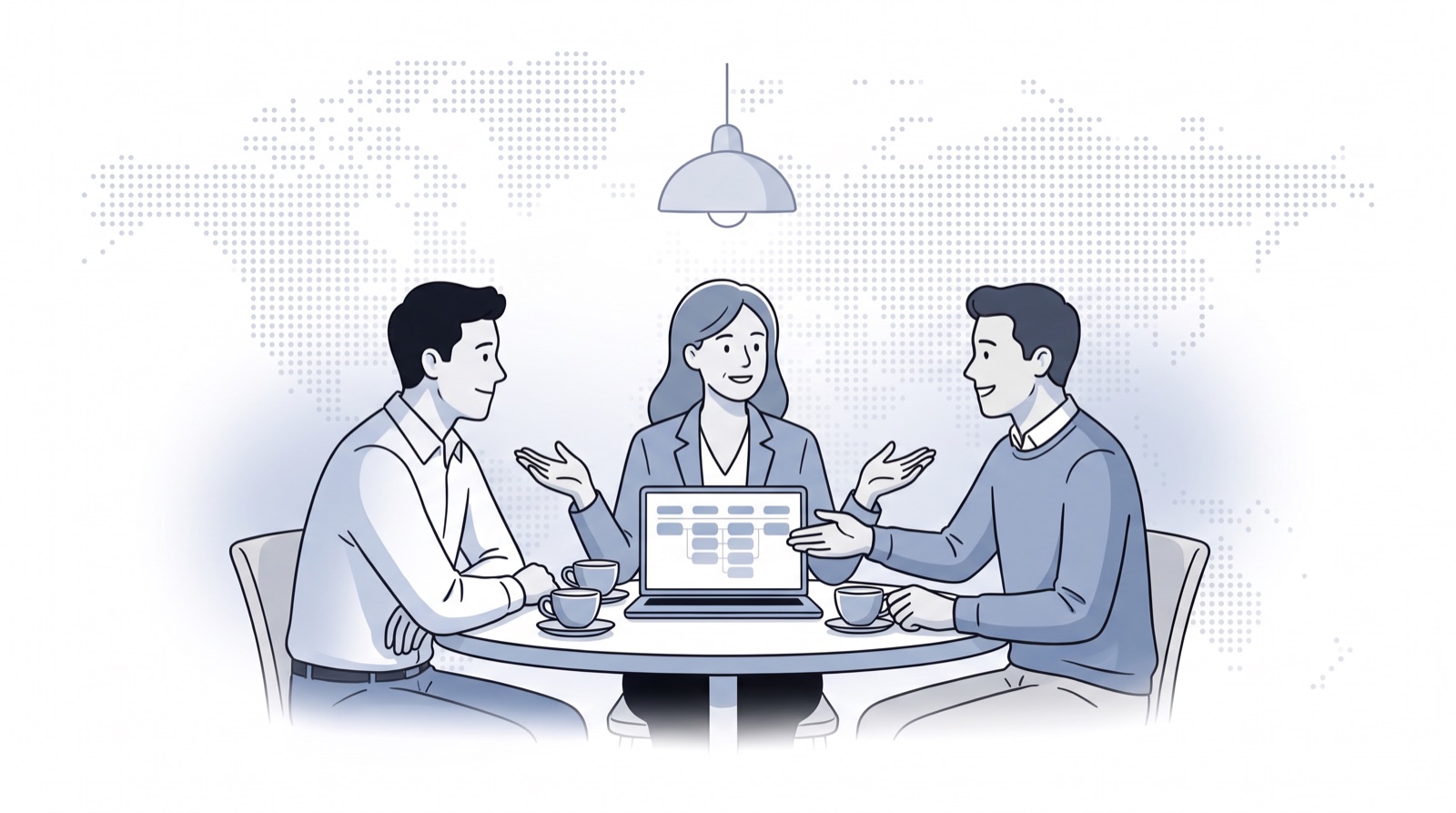 Fluid CRM editorial illustration of a client introducing her consultant to a new contact, showing how to ask for referrals