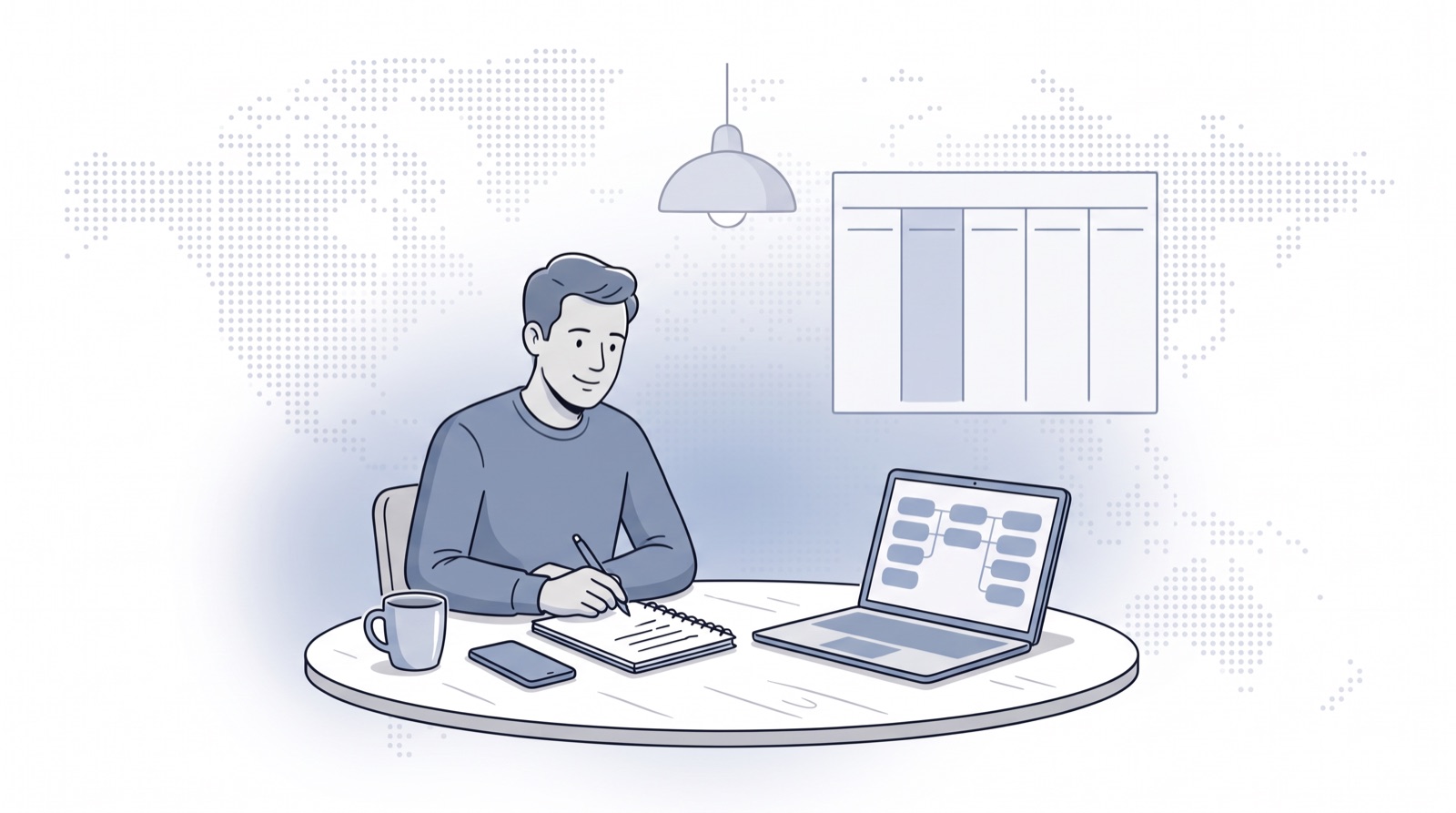 Fluid CRM editorial illustration of a freelancer writing a list of names at a kitchen table to get clients