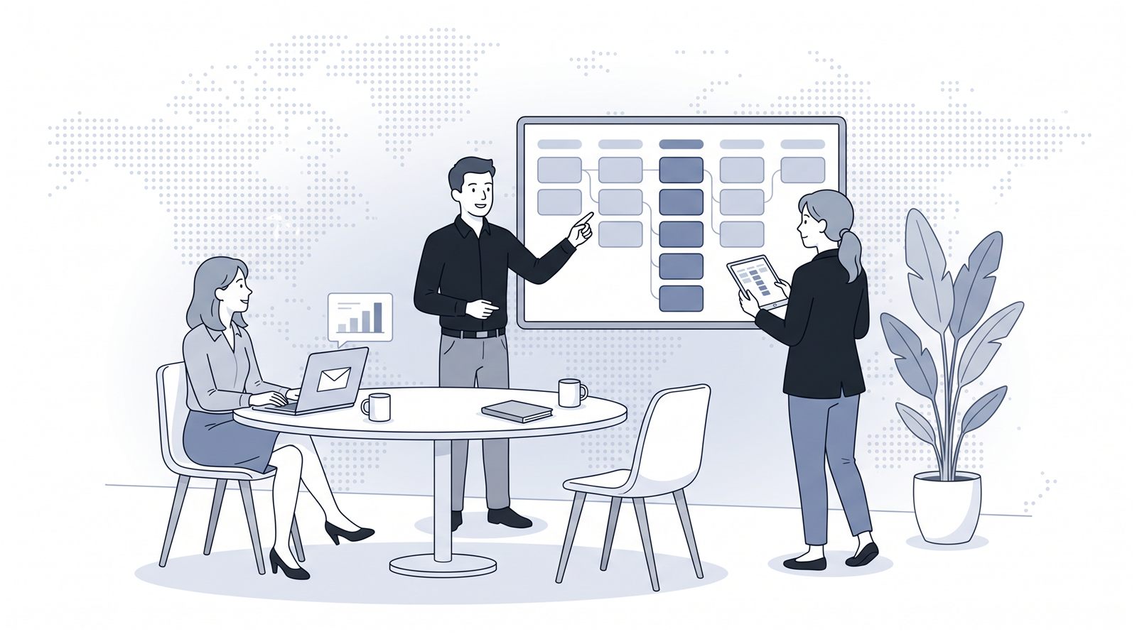 Fluid CRM editorial illustration of a sales and marketing team reviewing a pipeline board, HubSpot MCP