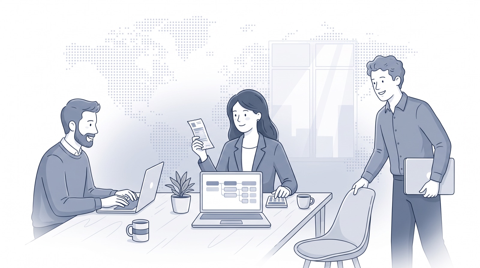 Fluid CRM editorial illustration of a founder reading a bill as a third teammate joins, hubspot pricing