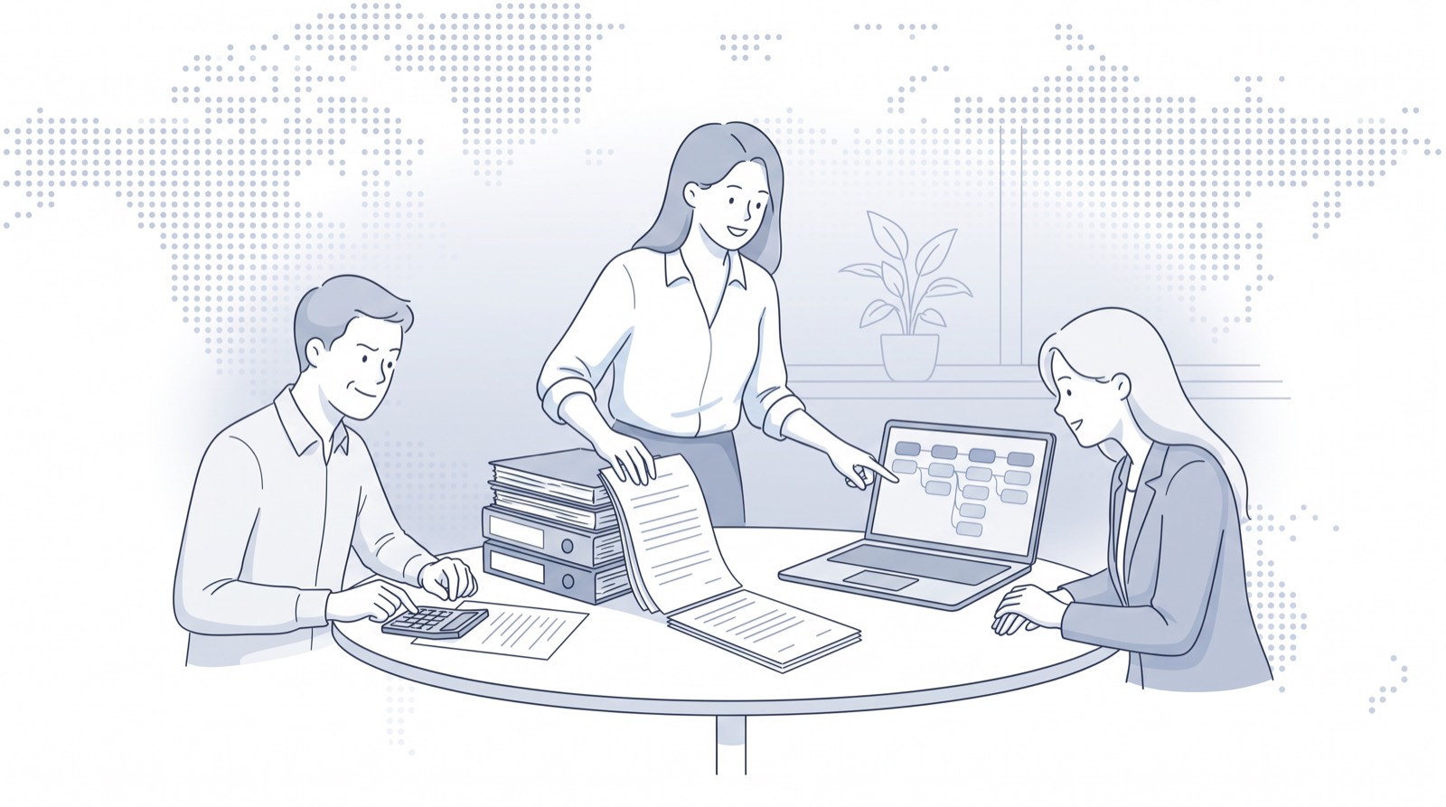 Fluid CRM editorial illustration of a small team setting aside setup binders for a simple pipeline, hubspot vs salesforce