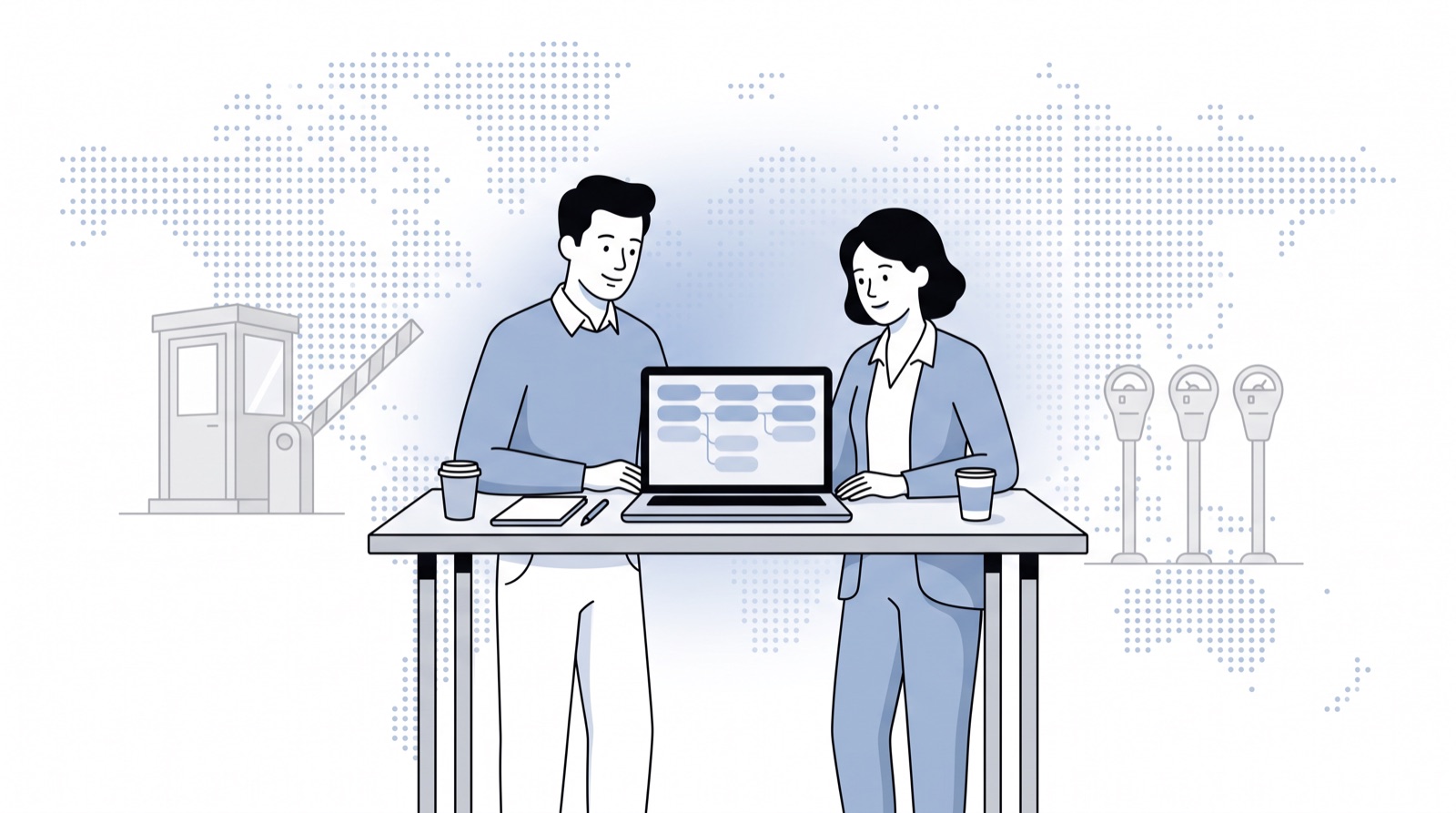 Fluid CRM editorial illustration of two colleagues comparing a toll booth and parking meters for HubSpot vs Zoho