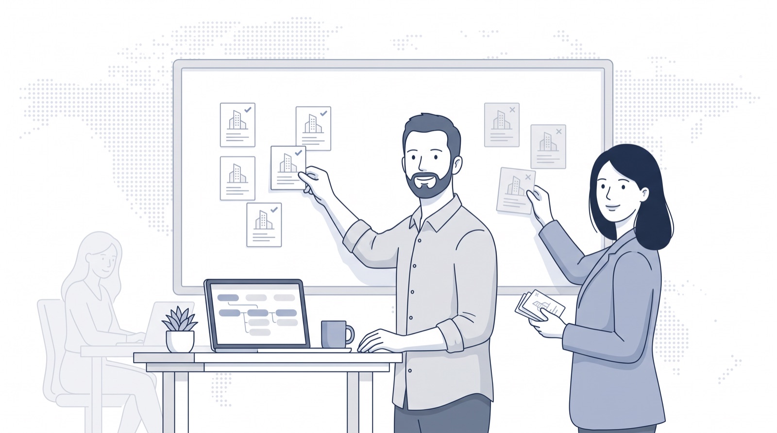Fluid CRM editorial illustration of two founders sorting company cards on a board into an ideal customer profile
