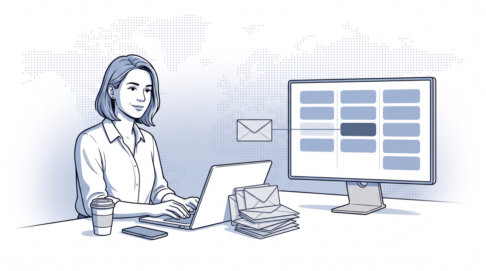 Fluid CRM editorial illustration of one cold email reply moving into a sales pipeline, Instantly CRM integration