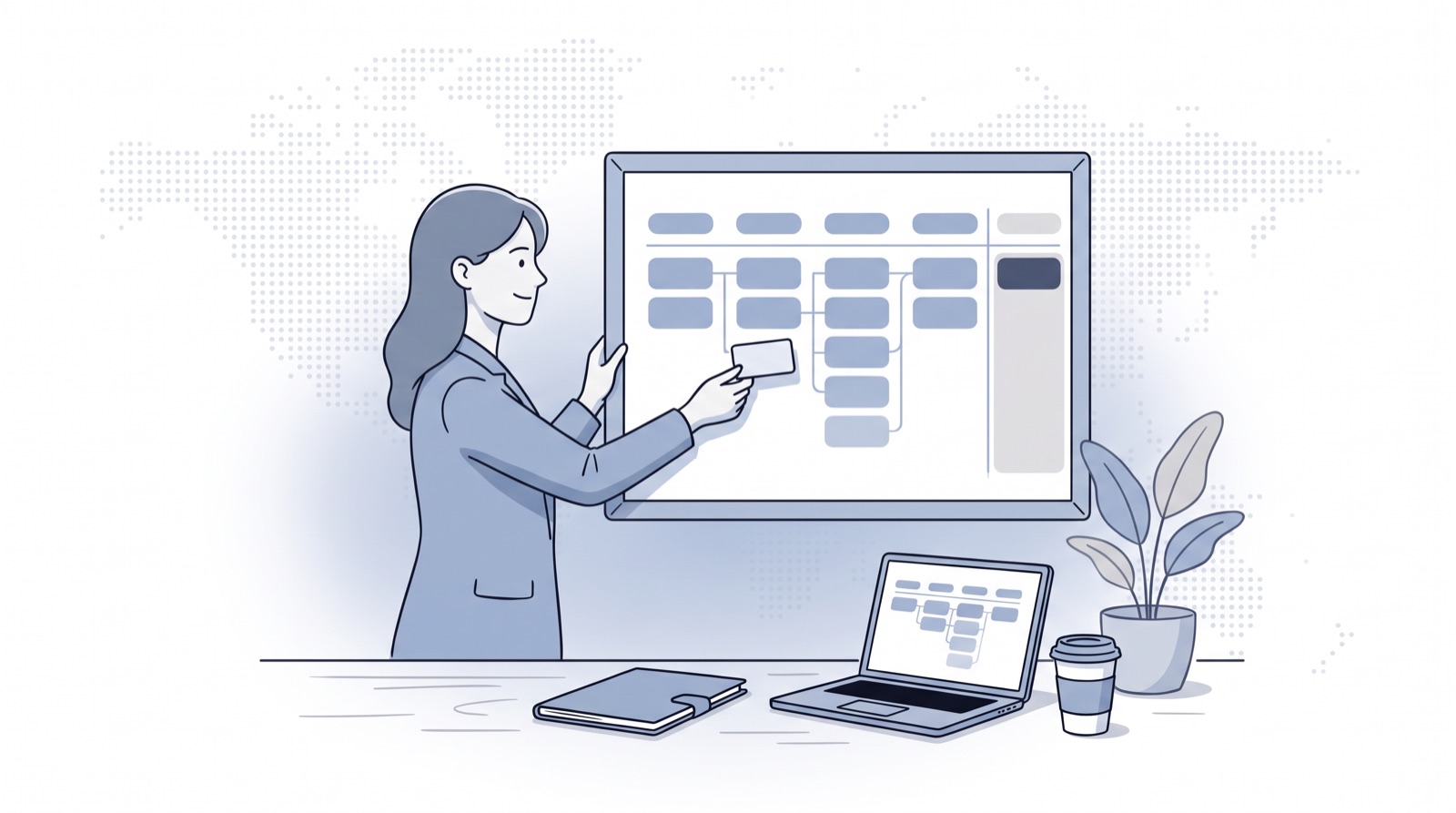 Fluid CRM editorial illustration of a founder moving a card across the stages of an investor pipeline