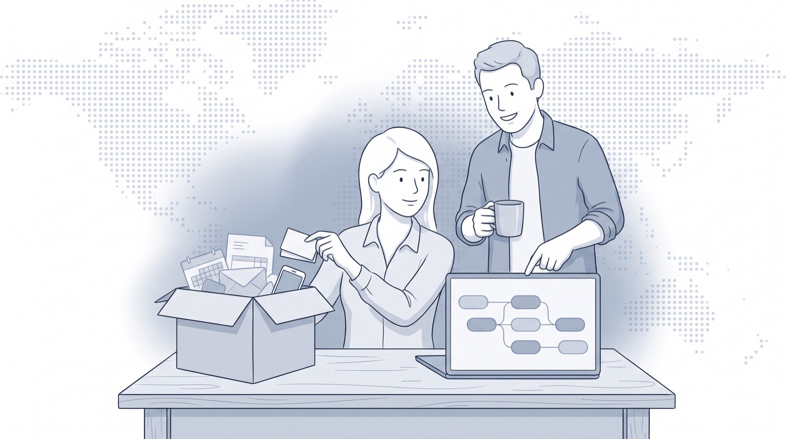 Fluid CRM editorial illustration of an owner moving contacts from a box of tools into a pipeline, keap alternatives