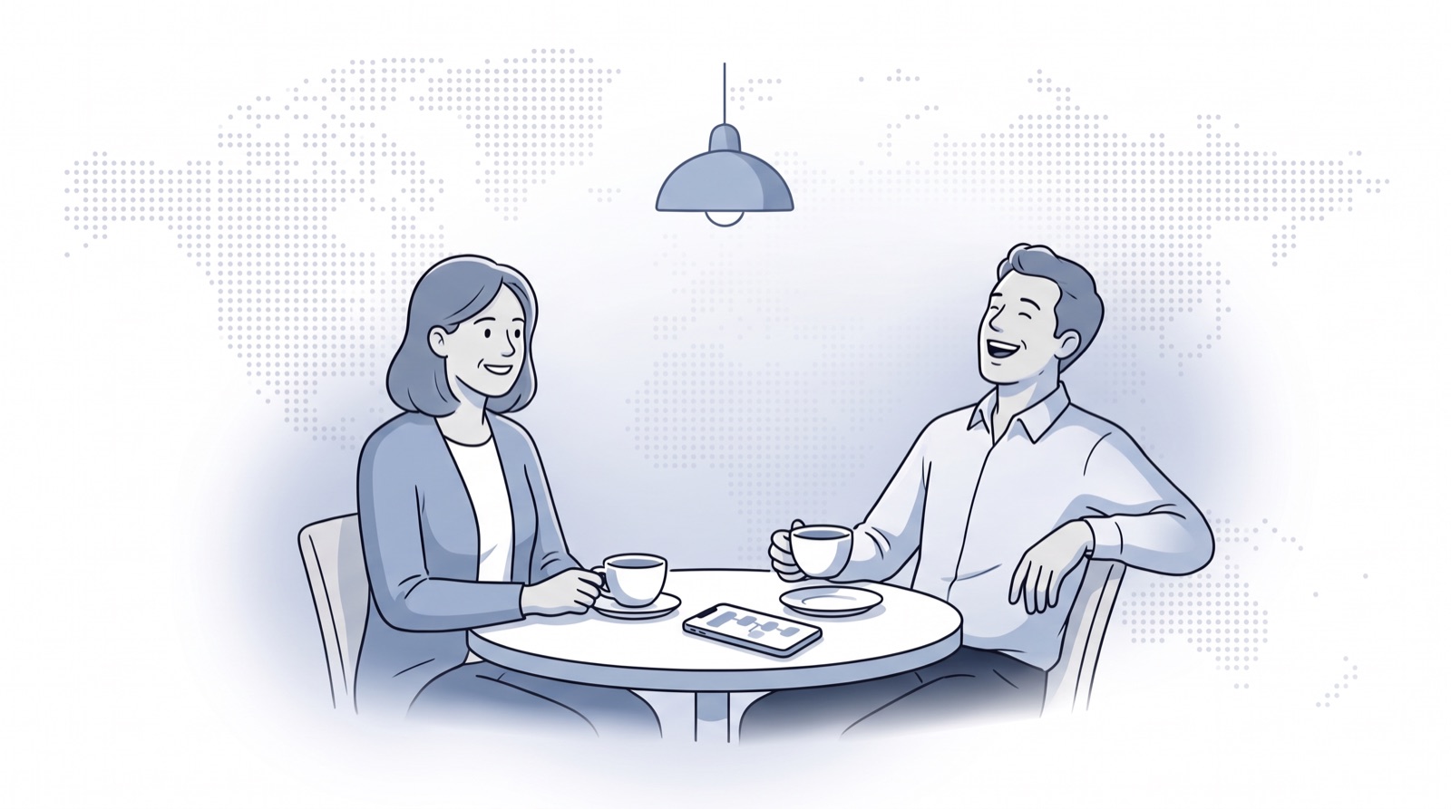 Fluid CRM editorial illustration of a consultant having coffee with a former client to keep in touch with clients