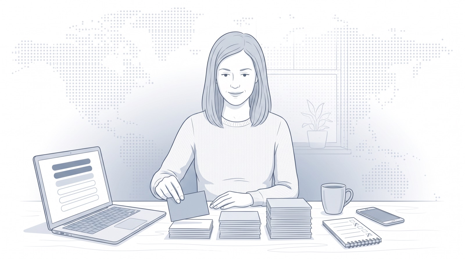 Fluid CRM editorial illustration of a founder sorting new leads into three priority stacks, lead scoring