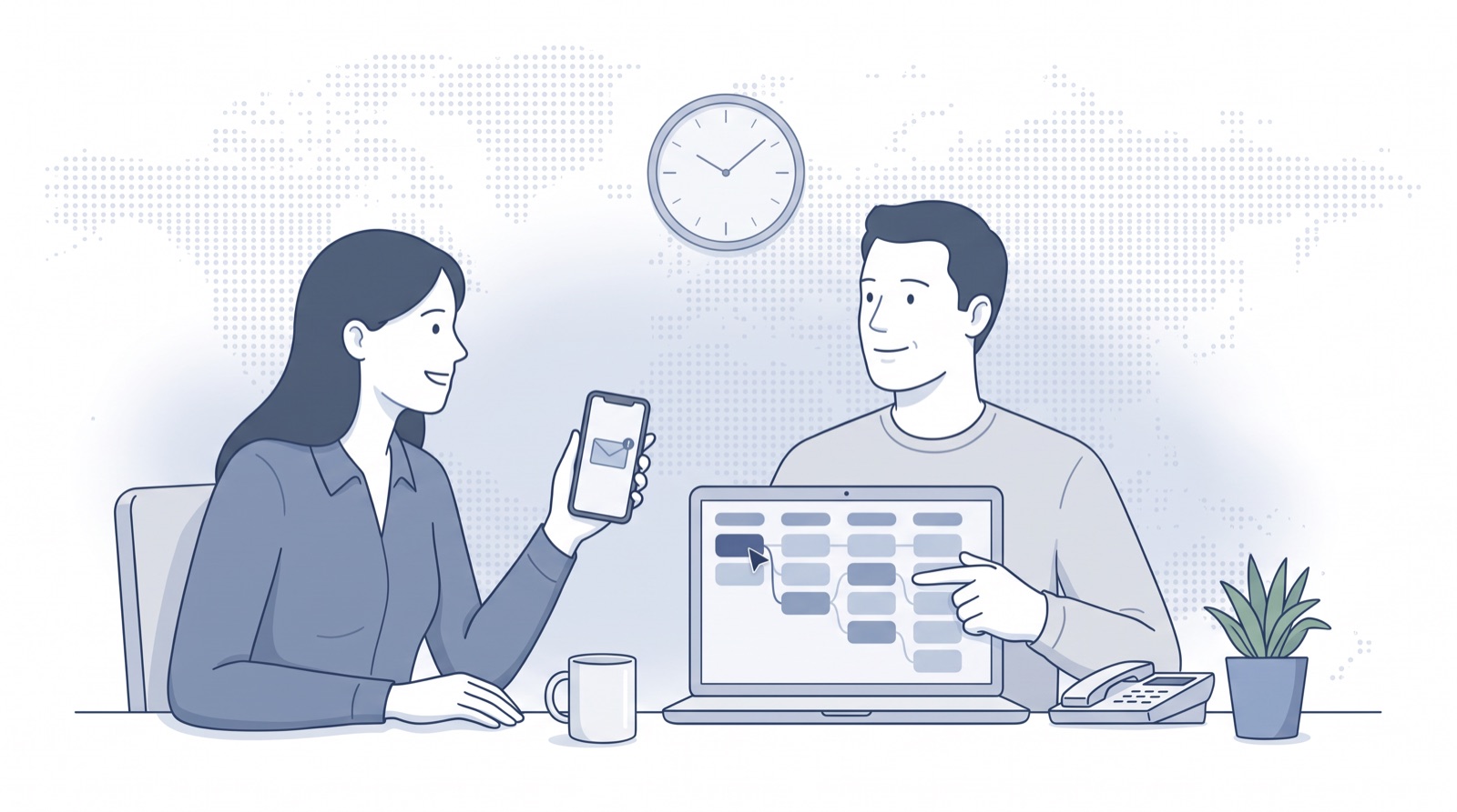 Fluid CRM editorial illustration of two teammates claiming a new inquiry on a pipeline, lead tracking software