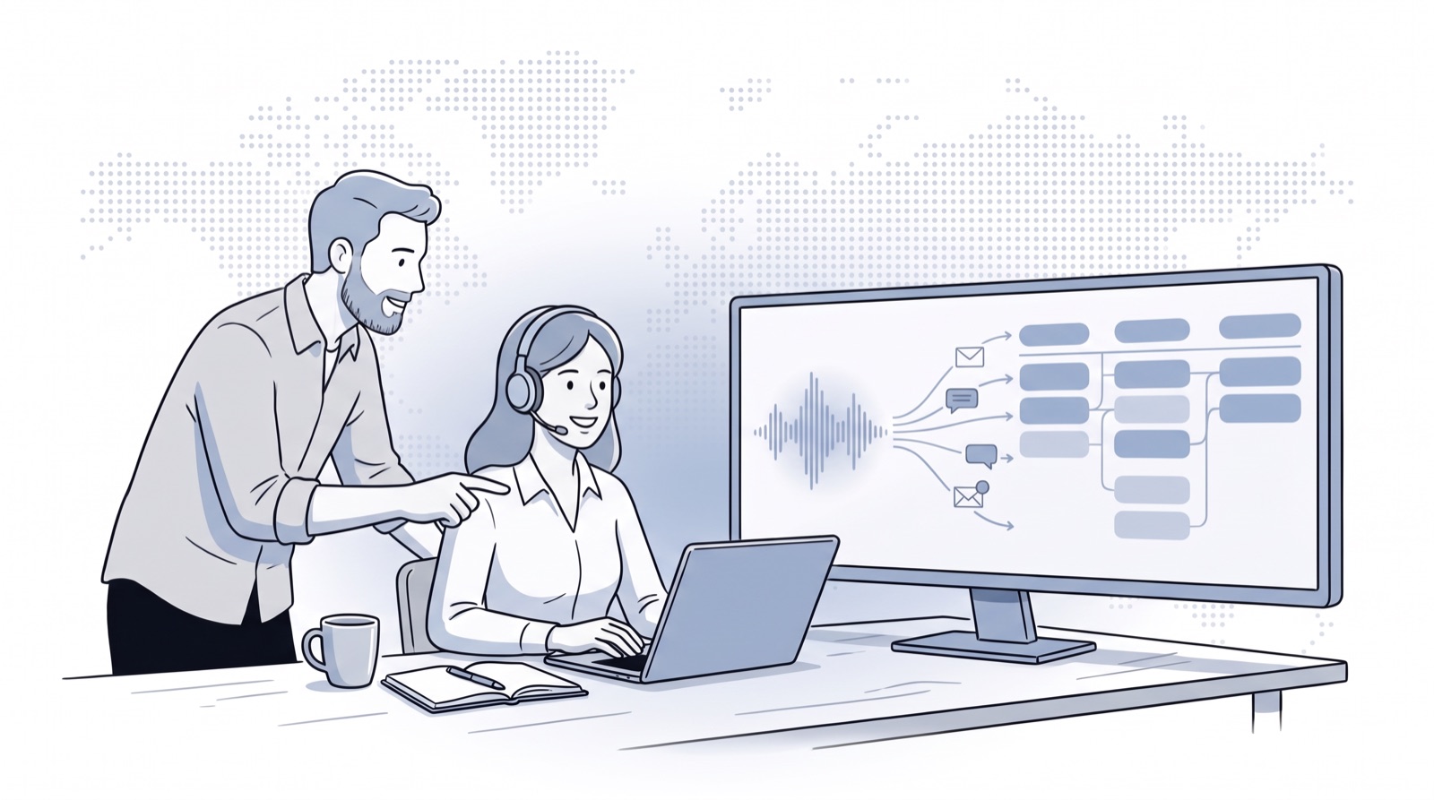 Fluid CRM editorial illustration of a founder on a sales call as a CRM fills itself in, for a Lightfield CRM review