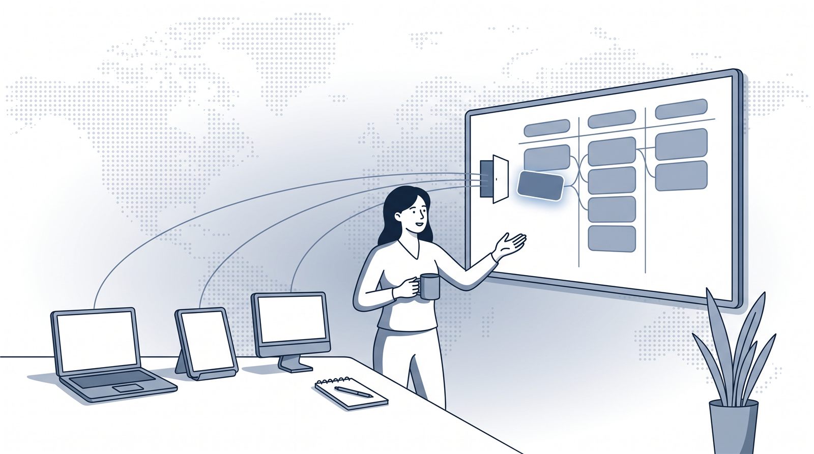 Fluid CRM editorial illustration of a woman directing three devices that feed a sales pipeline board, MCP CRM