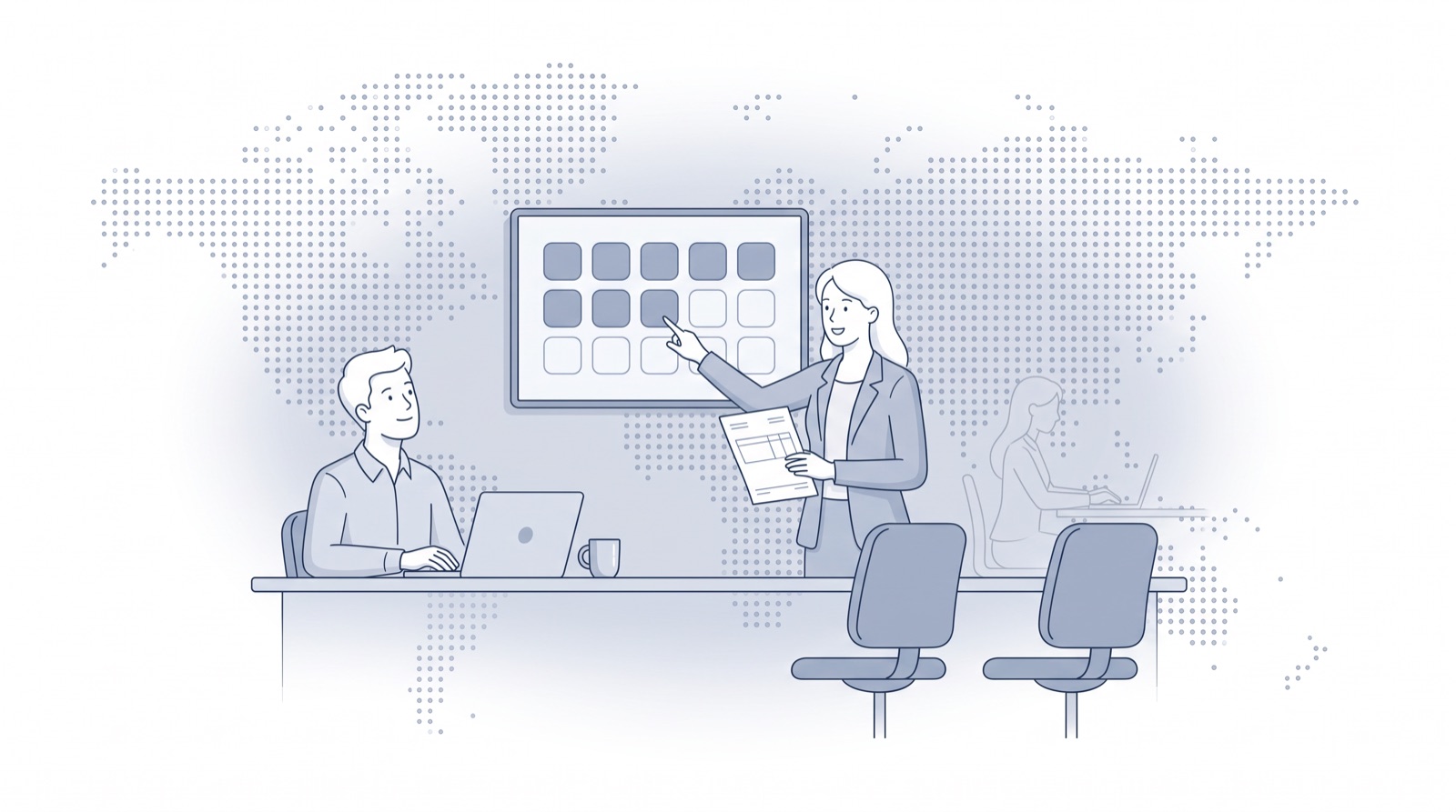 Fluid CRM editorial illustration of a sales lead pointing at empty seats on a screen, monday CRM pricing