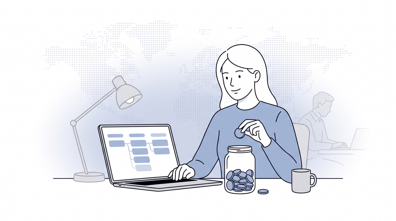 Fluid CRM editorial illustration of a woman counting tokens in a jar beside her pipeline for Pipedrive MCP